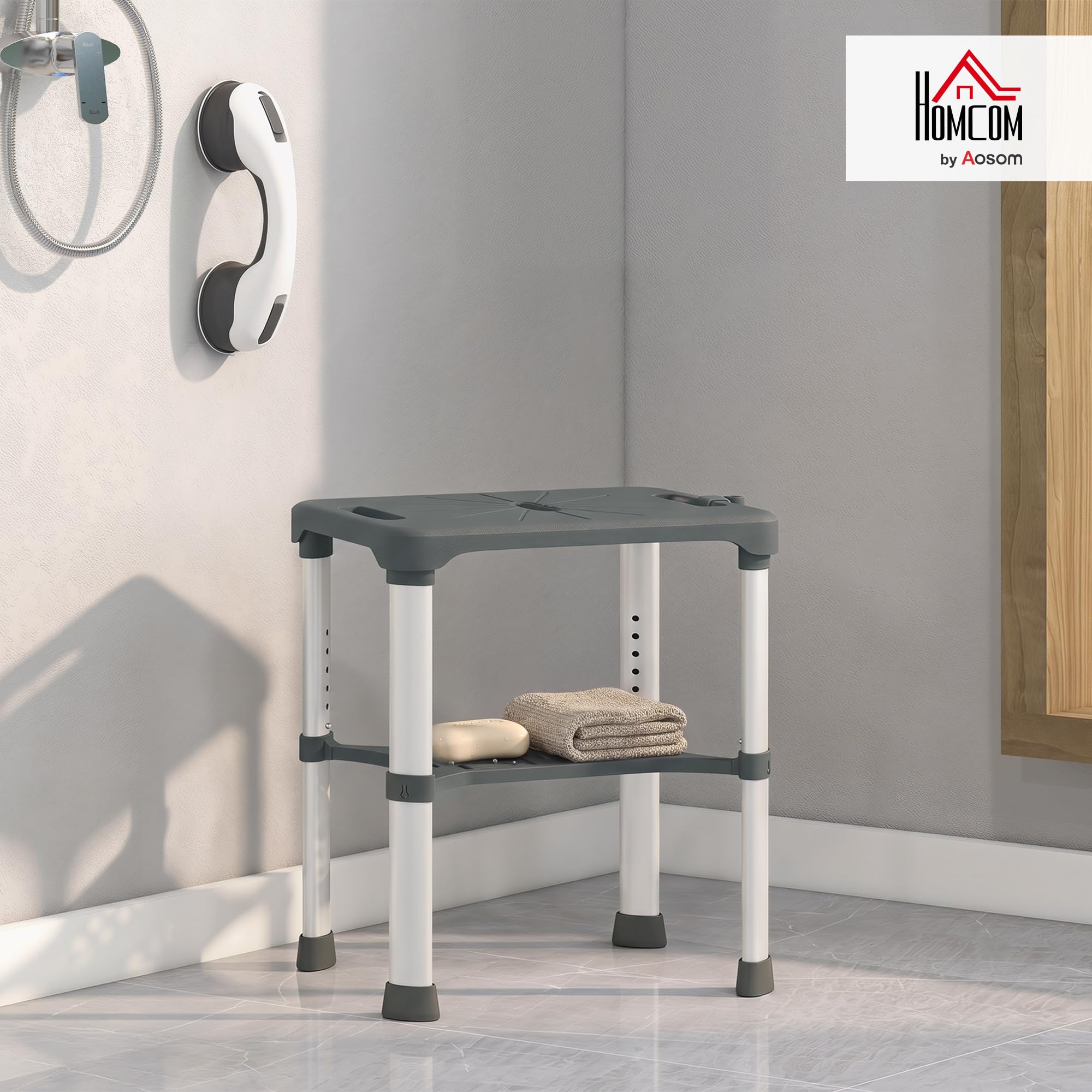 HOMCOM Sgabello per Doccia in Alluminio, Barra a Ventosa, 150kg, Grigio | Mensola Integrato, Sgabello Bagno con Ventosa, Altezza Regolabile 5 Livelli, per Anziani e Disabili