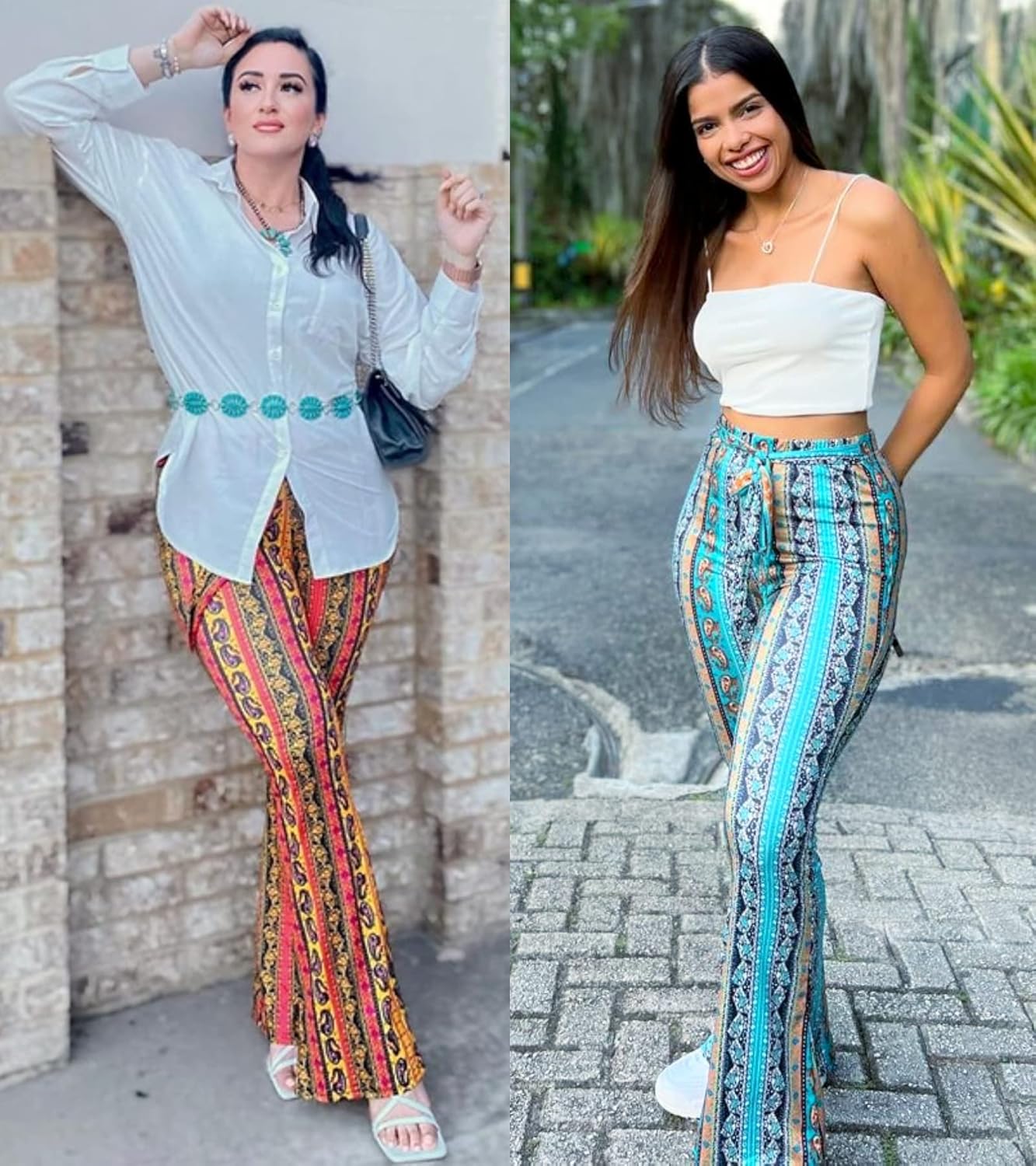 Boho Flare Pants for Women - Rave High Waisted Bell Bottom Retro 70s Disco EDM Floral Wide Leg Legging - Image 5
