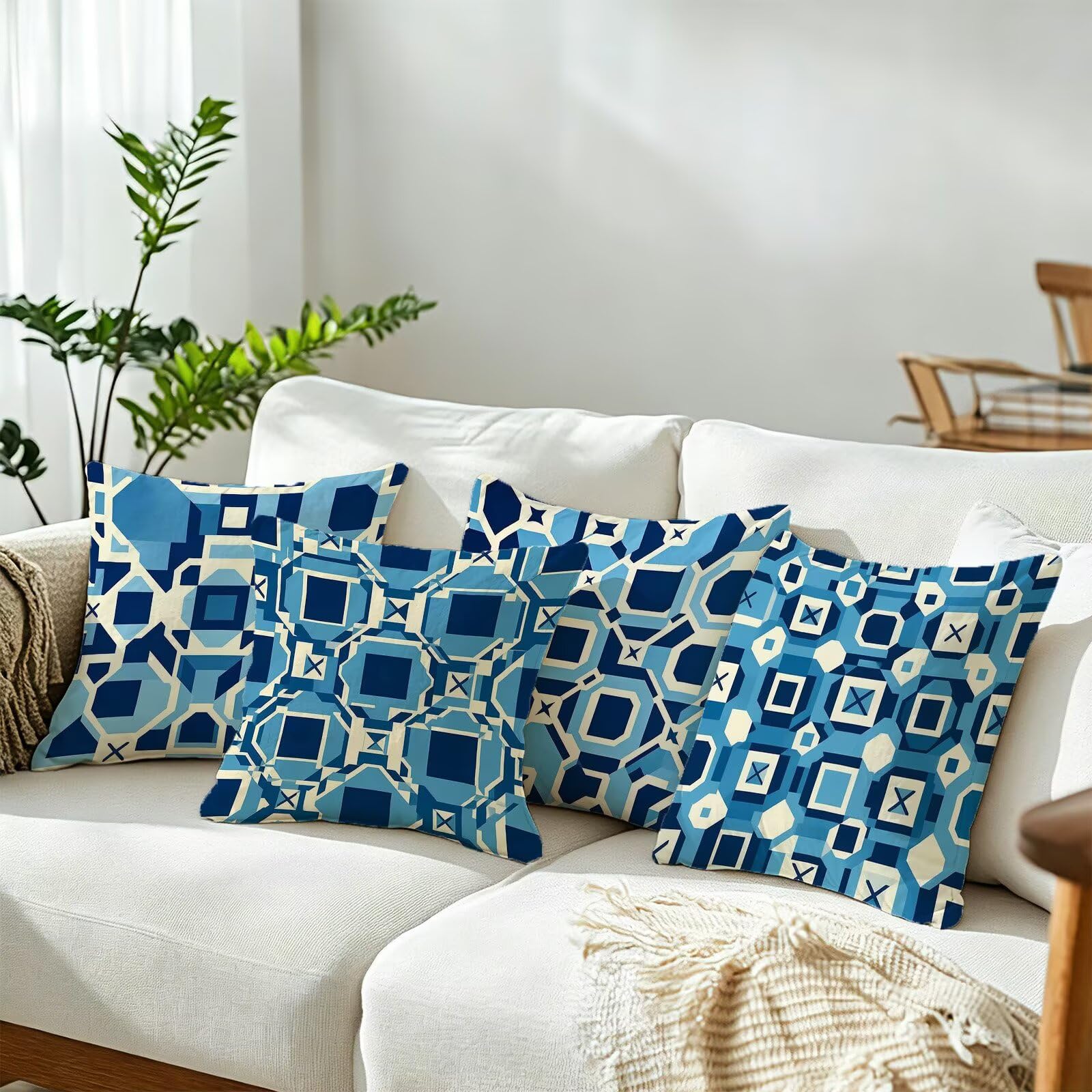 Blu Federe Cuscini Divano 50x50cm, Cuscini da Esterno Set de 4, Cod-103 | Velour Copricuscini Decorativi Letto Arredo, per Letto, Soggiorno, Giardino, Esterno, Casa Decorazione Set di 4 Geometria