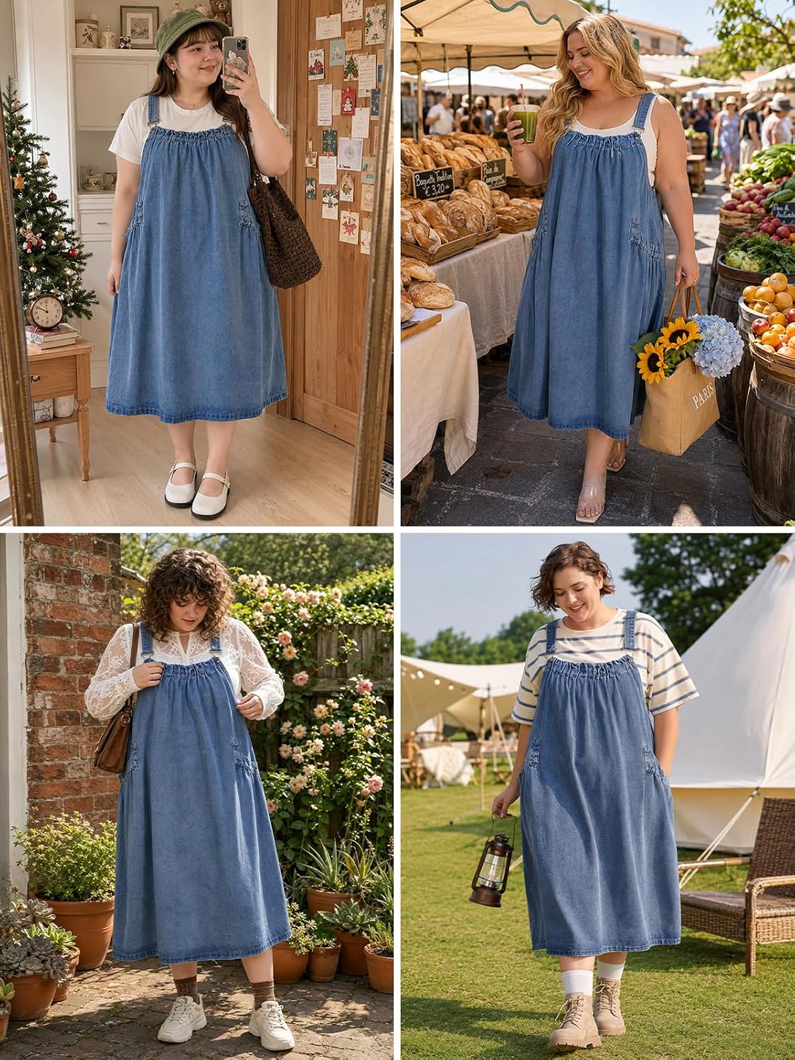 Moon Wood Plus Size Denim Overall Dress for Women Jumper Dress with Pockets Summer Casual Maxi Dress