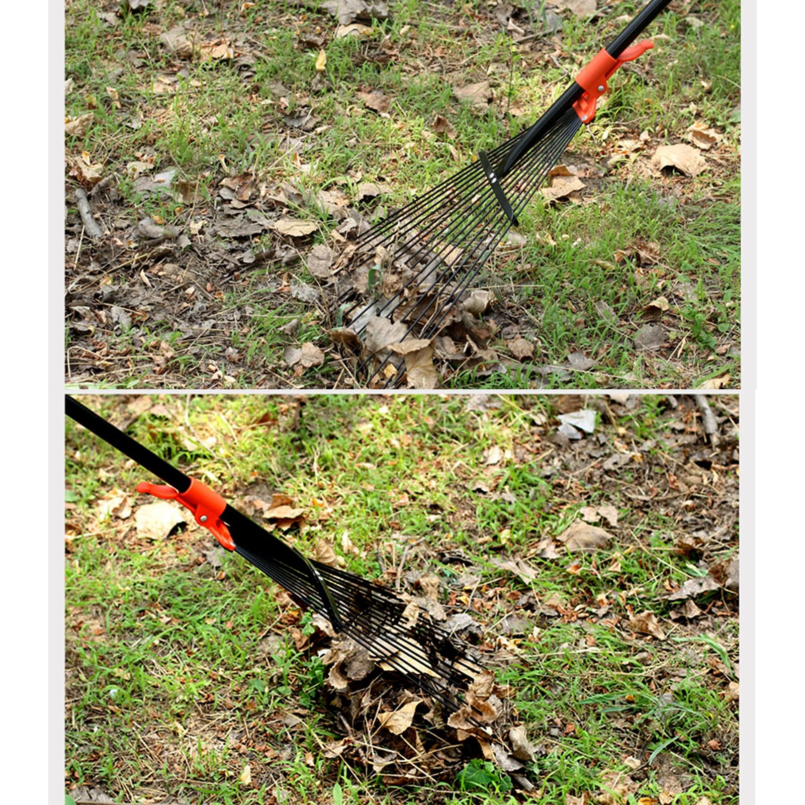 Rastrillo de alambre de acero para hojas de jardín de metal, escoba de patio de 59 pulgadas con cabezal plegable ajustable de 25.1 pulgadas de ancho para una limpieza rápida del césped y el patio,