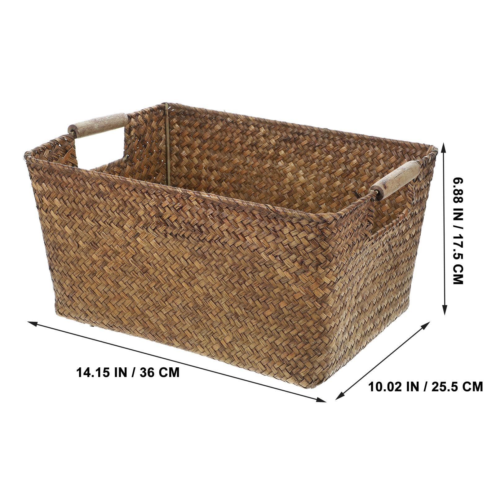 Cestino Rattan in Alga Marina e Legno, Rettangolare, Leggero, per Organizer Bagno e Casa, Cestino Portaoggetti Multiuso