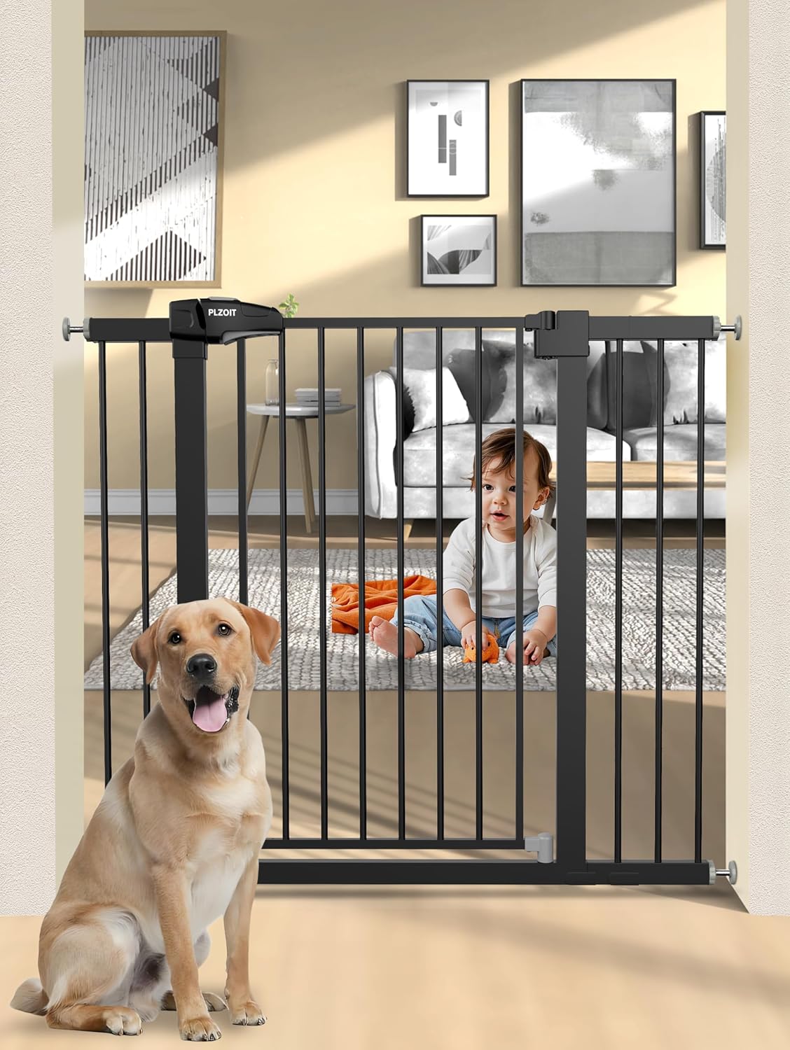 36.2" Extra Tall Baby Gate for Stairs, 29.5-46" Wide Dog Gate for Doorways, Walk Thru Auto Close Metal Pet Gate for The House, Stairs and Doorways, Child Gate Pressure Mounted Dog Gate Indoor(Black)