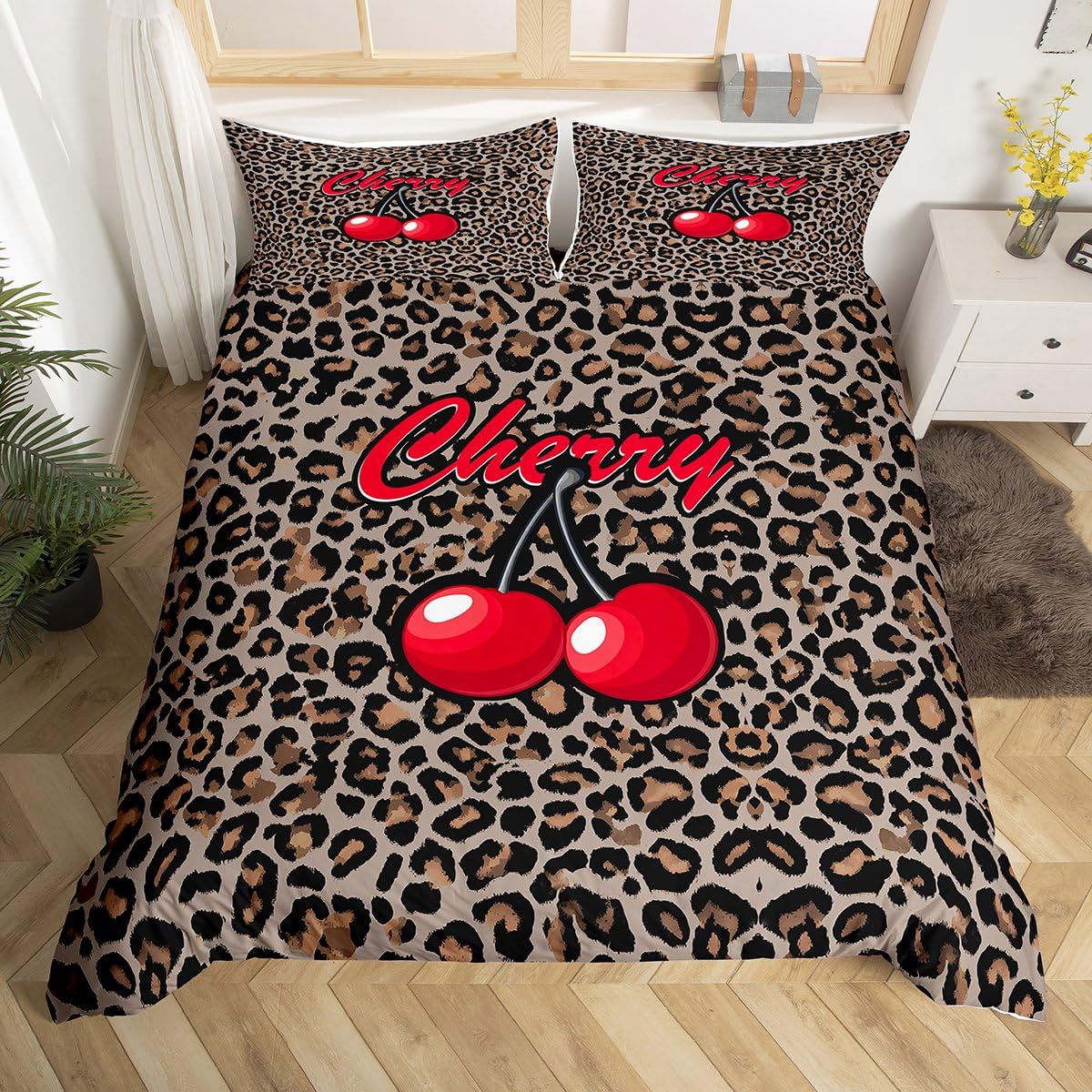 Homewish Cherry Leopard Print Bedding Animal Print King Duvet Cover Set - Safari Cheetah Quilt Cover for Kids Gils Women - Black Reversible Bed Set with 2 Pillowcases (Soft Microfiber)