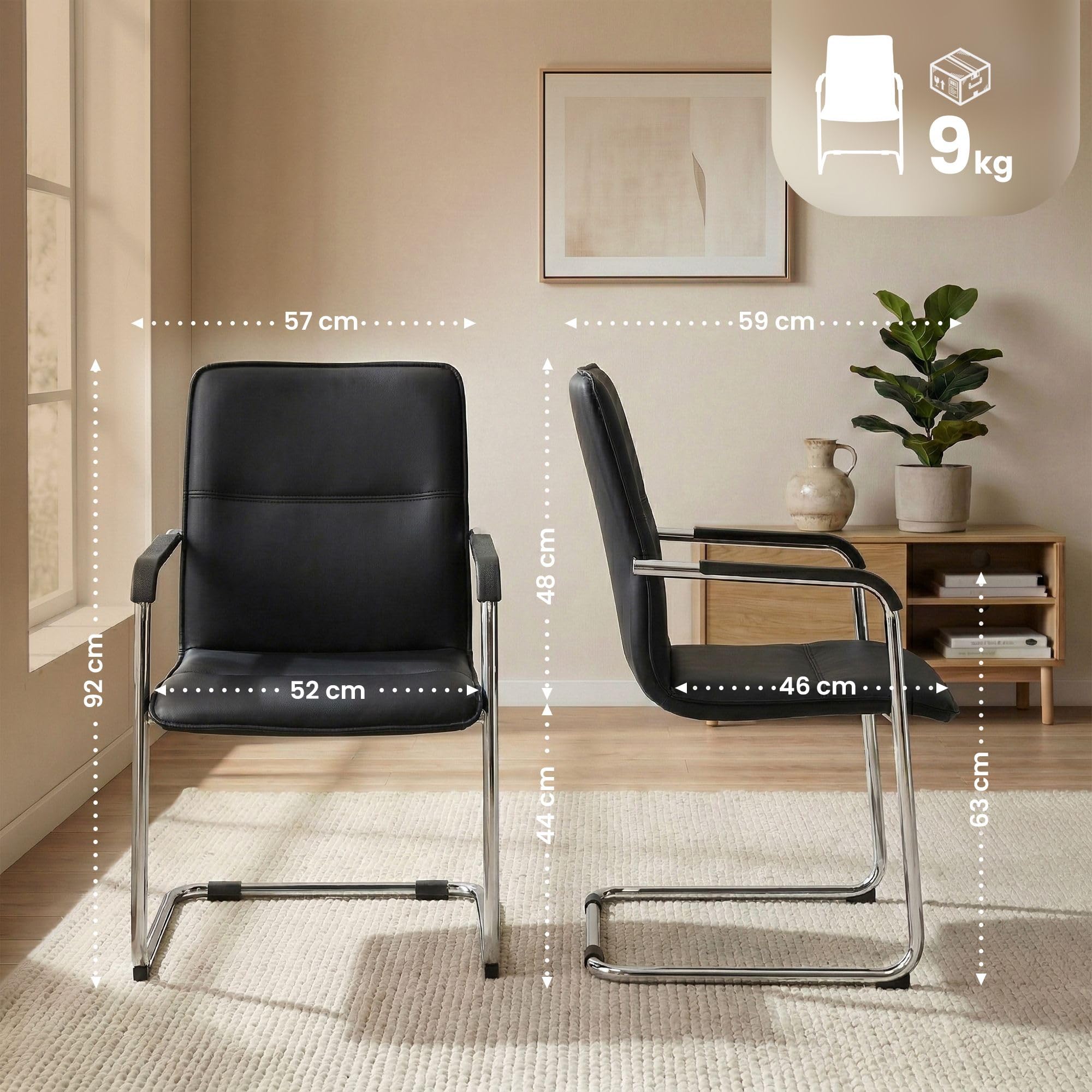 CLP Chaise Cantilever Seattle avec accoudoirs, Chaise de Salle a Manger Moderne rembourree en Similicuir, piement Effet Chrome, Couleur:Noir