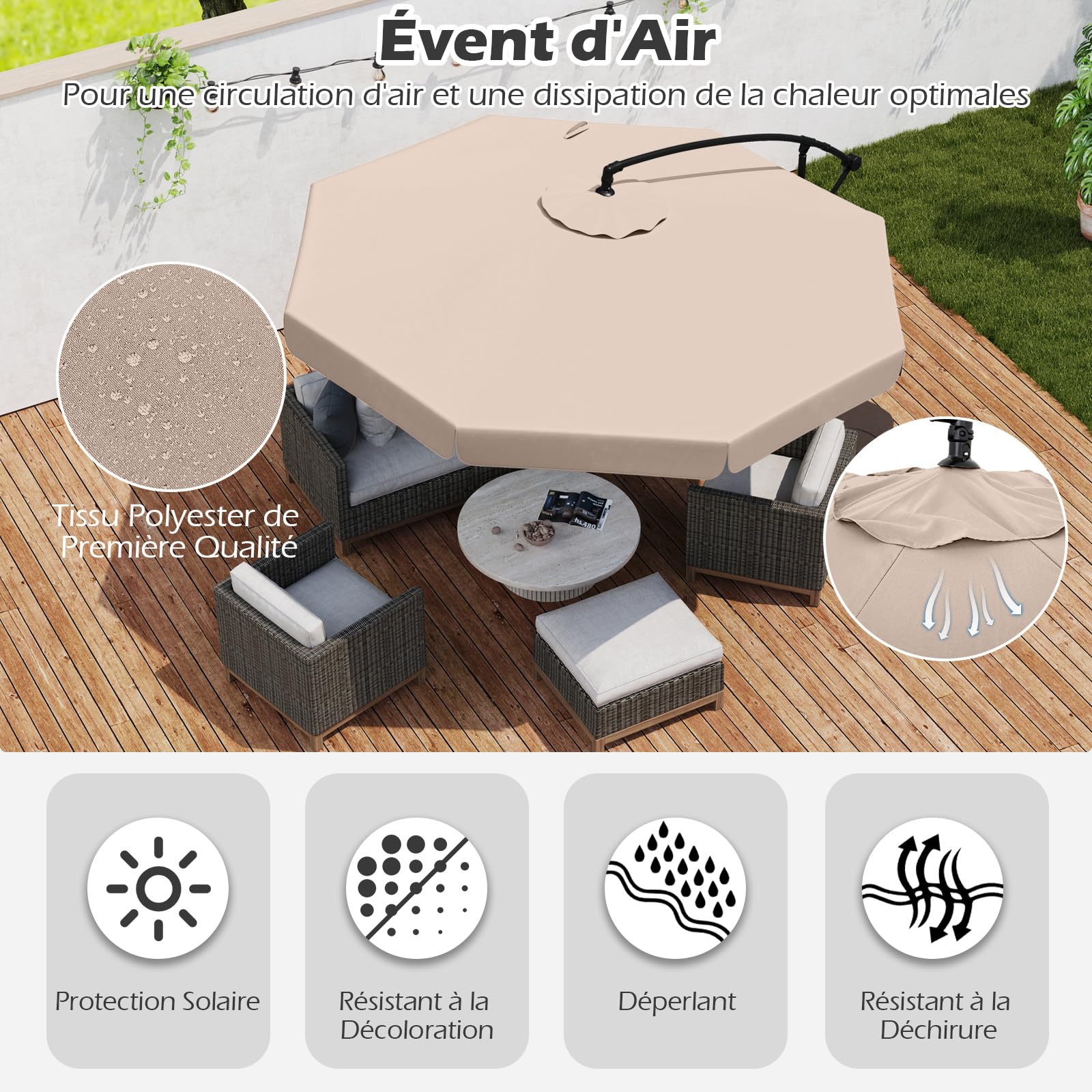 GOPLUS Parasol Déporté 3x3m avec Housse, Grand Parasol de Jardin Exterieur, avec Toile Inclinable 35°, Manivelle et 8 Baleines, pour Terrasse Balcon Patio (Beige)