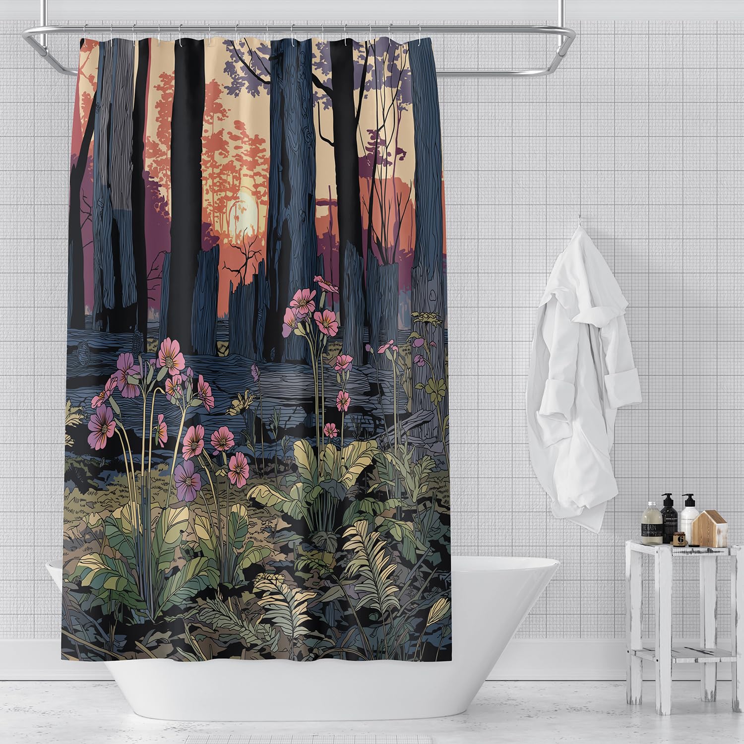 Cortina de Ducha con Diseño de Bosque y Atardecer,con Flores Rosas y Moradas Al Atardecer,para Mujer,Fácil de Instalar y Lavable a Máquina,con Ganchos de Plástico,200Anx200Alcm (1 Panel).