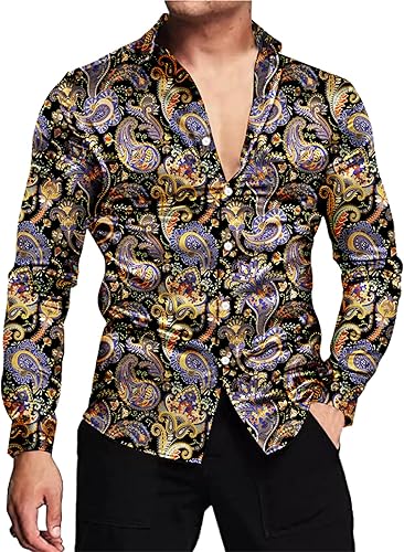 Miniatura 2 de QZH.DUAO Camisas de lino de discoteca de los años 70 para hombre, estilo casual, estampado de cachemira, floral, vintage, de manga larga