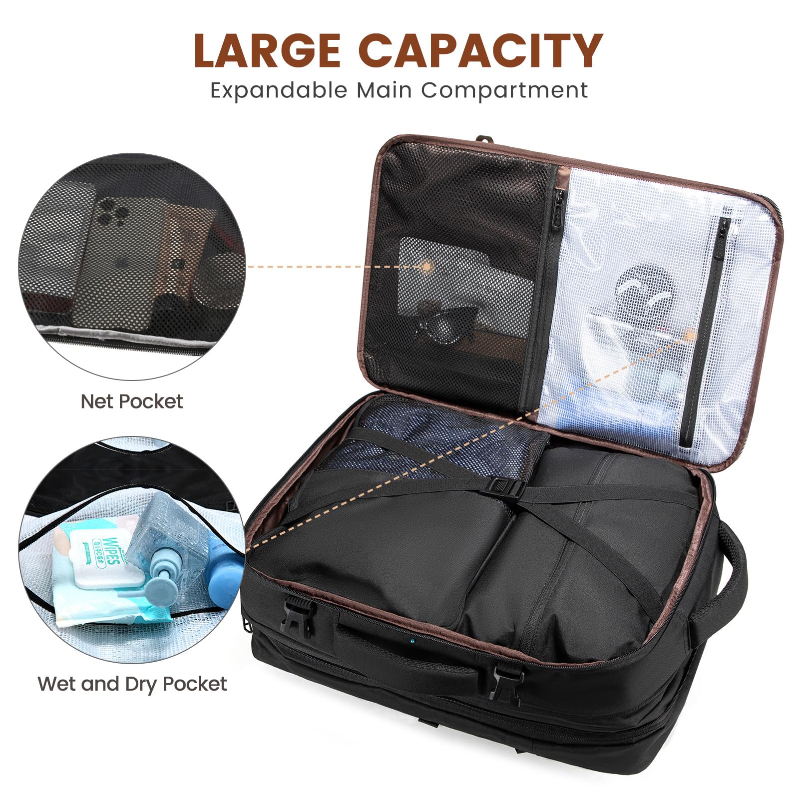 LOVEVOOK Zaino Da Viaggio Borse Da Cabina Per Easyjet Ryanair Zaino Aereo Bagaglio A Mano Uomo Donna Zaino Porta PC 18 Pollici Zaino 50 Litri Grande Trekking Travel Bag Zaino Nero