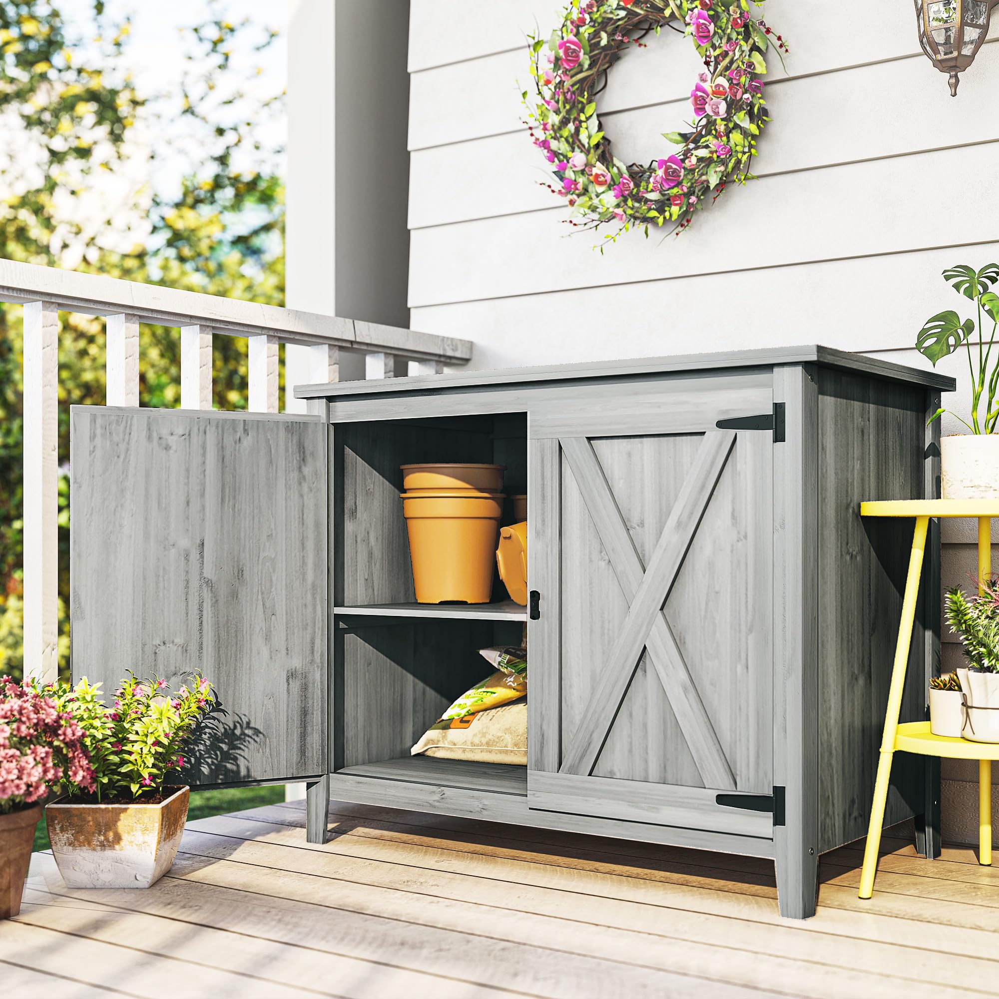 Outsunny Armoire de Jardin en Bois, Placard de Jardin en Bois avec Étagères et Double Portes, Armoire à Outils, 110 x 60 x 88,5 cm, Gris Clair