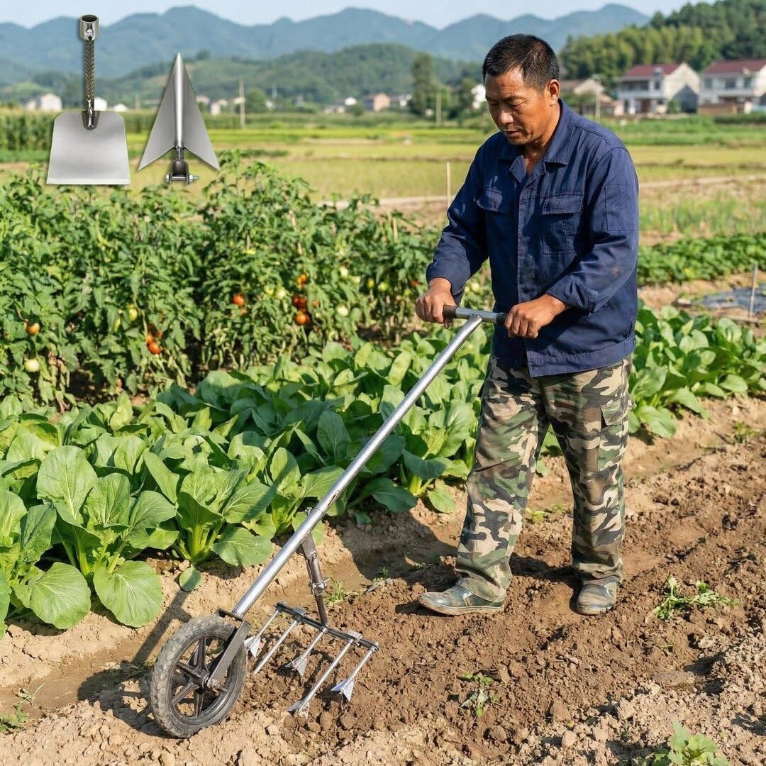 Zappa a ruota e coltivatore manuale 3-in-1 per impieghi gravosi | Testa di zappa rotante manuale con manico e ruota singola; attrezzo per scavare, piantare e curare il giardino