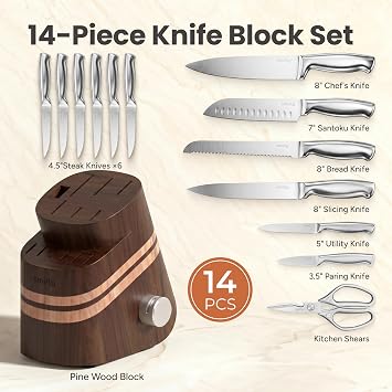 SMIRLY 14 Piece Knife Set with Block for Kitchen, Knife Block Set, Brown