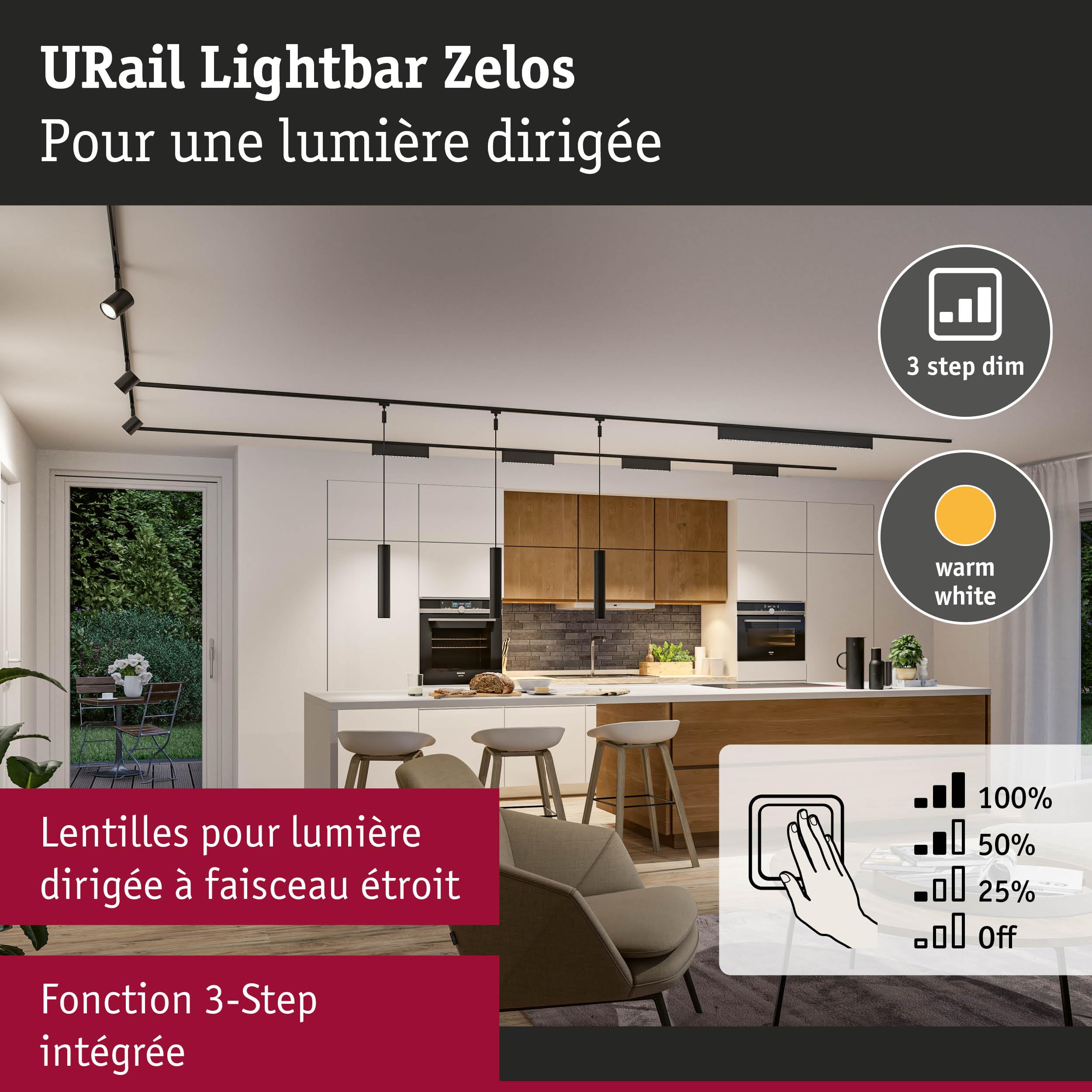 Paulmann 95715 URail Lightbar 3-Step-Dim Zelos 1050lm 10W 3000K dimmable 230V noir mat