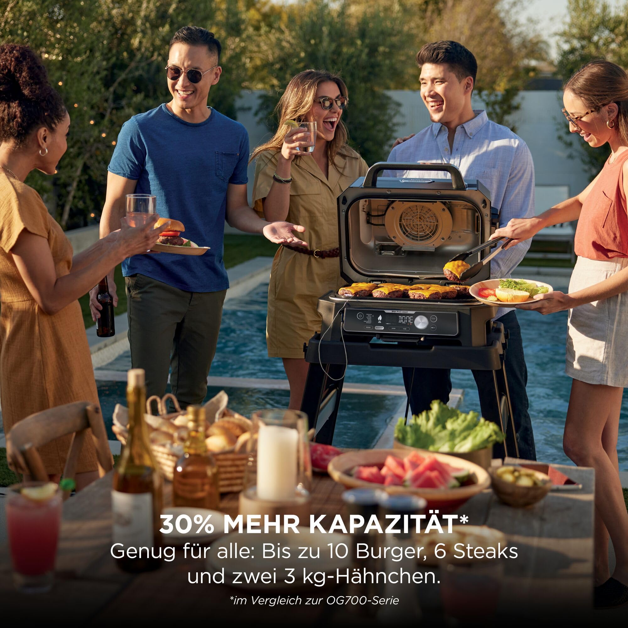 Ninja Woodfire Pro Connect XL Elektrischer BBQ Smoker Grill, App-Steuerung, digitaler Temperaturfühler, Rippenrost, Deckel, großer 7-in-1 Outdoor Grill & Heißluftfritteuse, blau & schwarz OG901EUAMZ