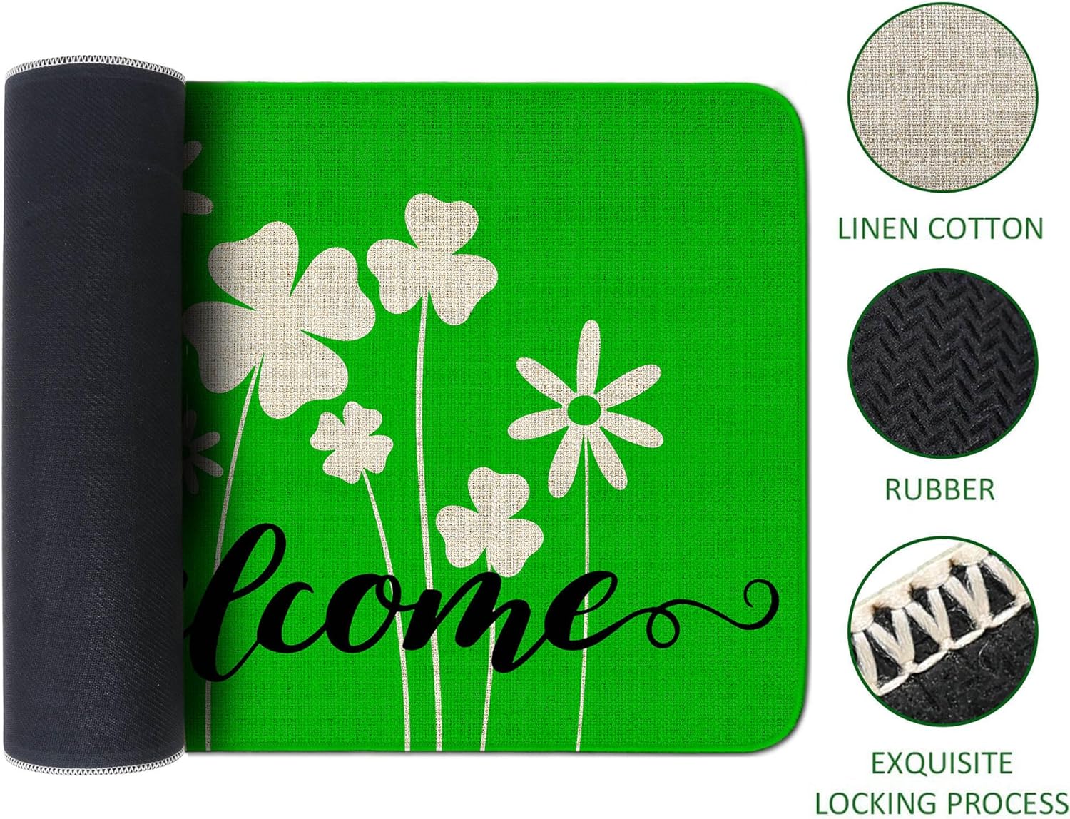 Green St Patrick's Day Door Mat - Non-Slip Shamrock Welcome Rug for Indoor/Outdoor Use Decorations Gifts 30" x 17"