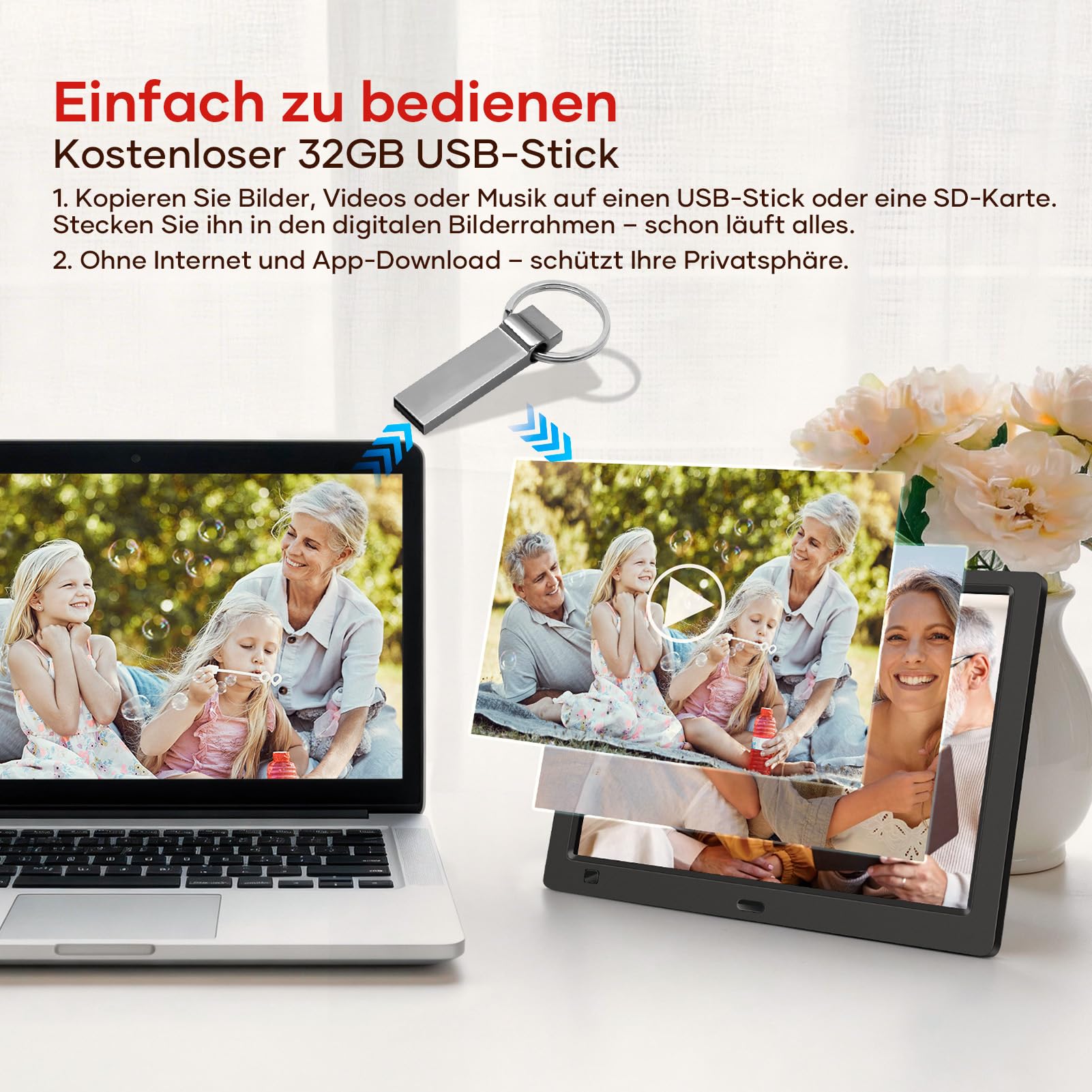 Digitaler Bilderrahmen Elektronischer Fotorahmen ohne WLAN, 10,1 Zoll IPS Bildschirm Photo Frame mit 32GB USB Stick & Bewegungssensor Zeitschaltuhr Foto/Kalendar/Video/Musik-Player Wandmontierbar