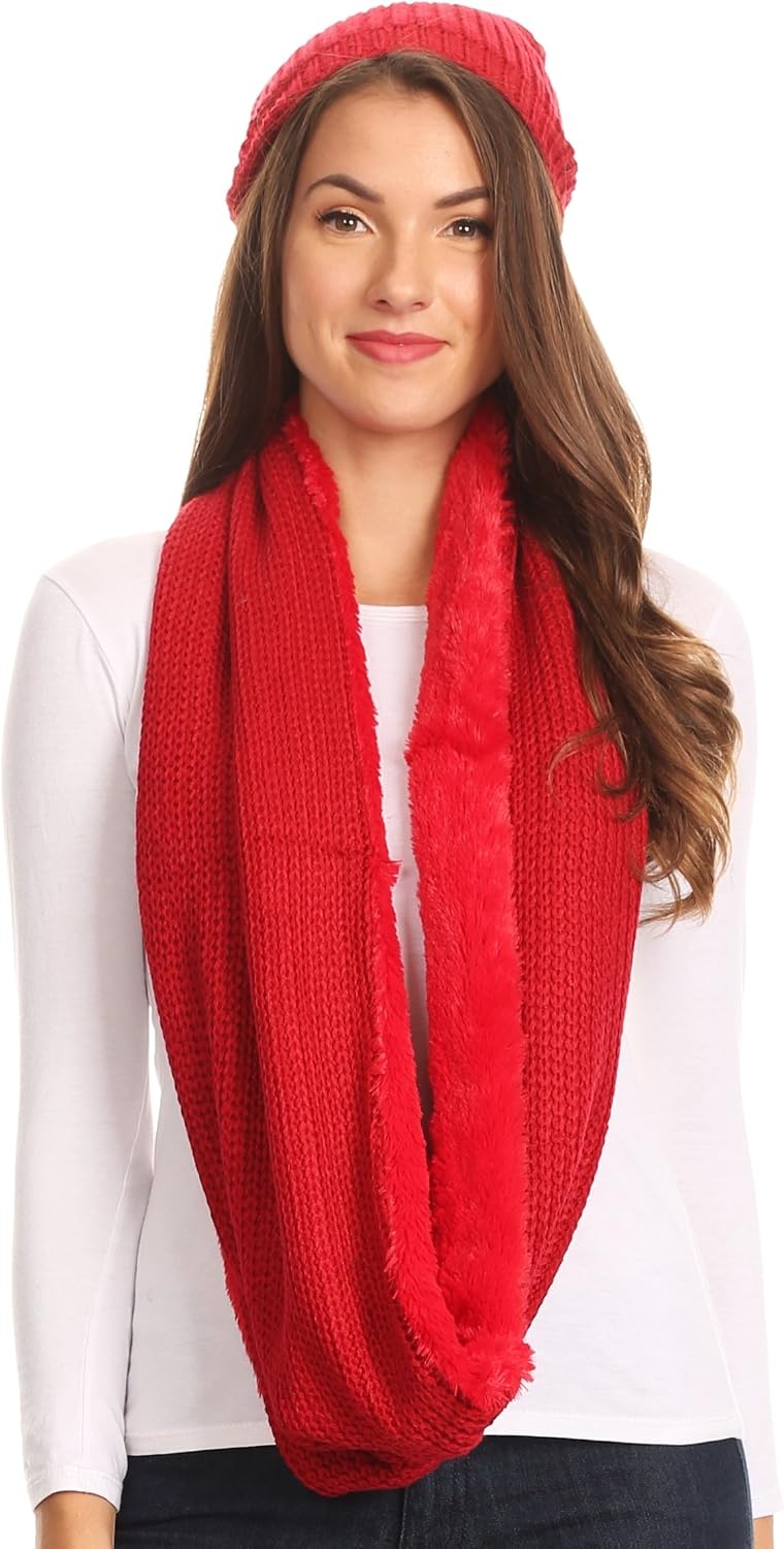 Sakkas Balencia Cool Girl Long Wide Soft Fur Lined Infinity Scarf Beanie Hat Set
