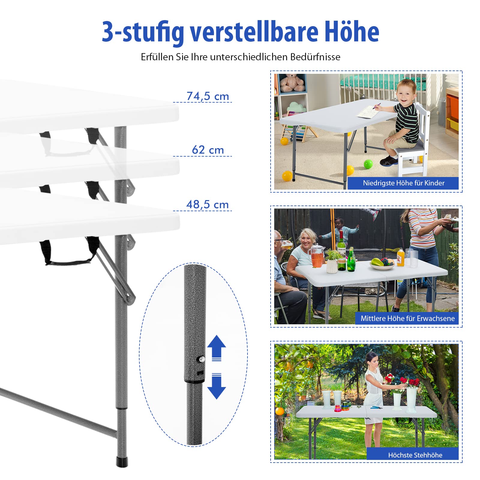 COSTWAY Campingtisch höhenverstellbar, tragbarer Klapptisch, klappbarer Gartentisch mit Tragegriff, für Camping, Hochzeit, Party, 120 x 60 x 74,5 cm
