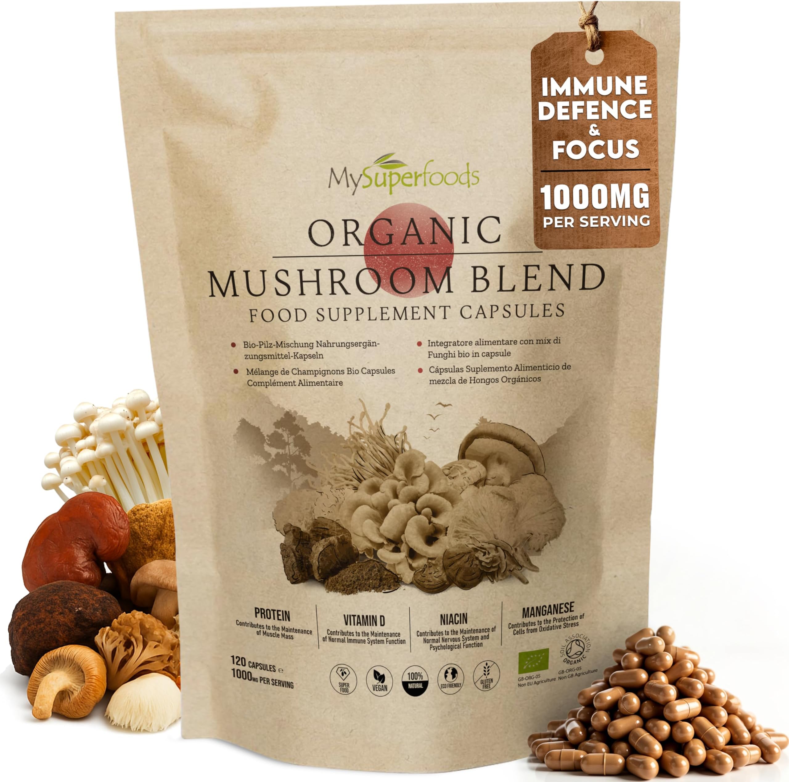 Mushroom Complex Capsules | Organic | 1000mg per Serving | 120 Capsules | Blend of 7 Powerful Medicinal Mushrooms to Boost Your Immune System | MySuperfoods