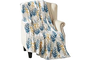 Teal and Yellow Leaf Pattern Plush Throw Blanket