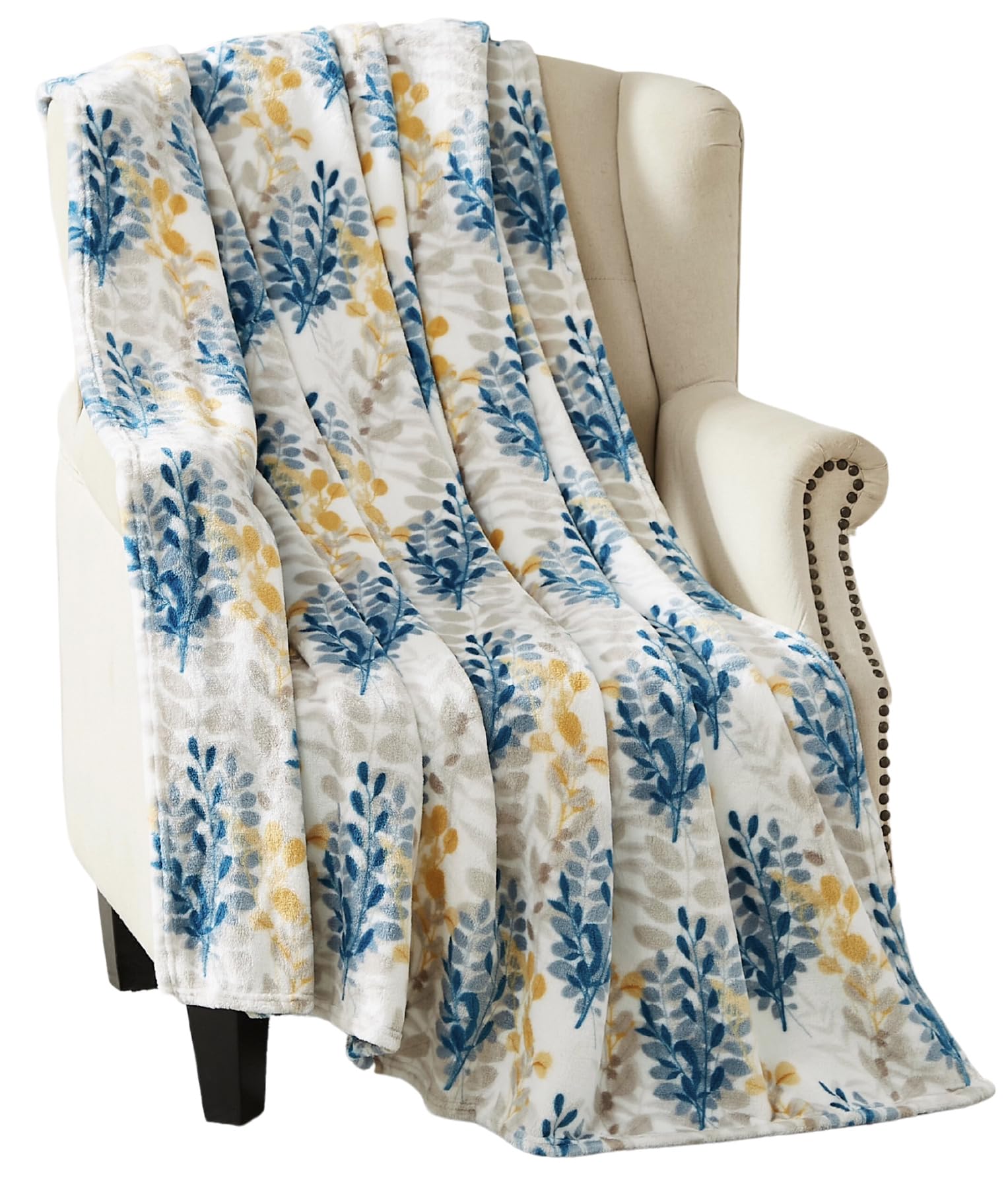 Floral Fleece Throw Blanket: Botanical Velvety Soft, Durable Accent for Bed or Couch Teal and Yellow Leaves, 50 x 70 inches