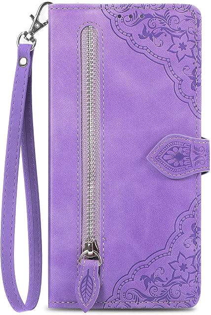 NEXCURIO Zip Wallet Case Compatible with Samsung Galaxy A13 4G Phone Case Wallet with Credit Card Holder Strap Stand Women Leather Flip Case Floral Folding Cover Shockproof - Purple