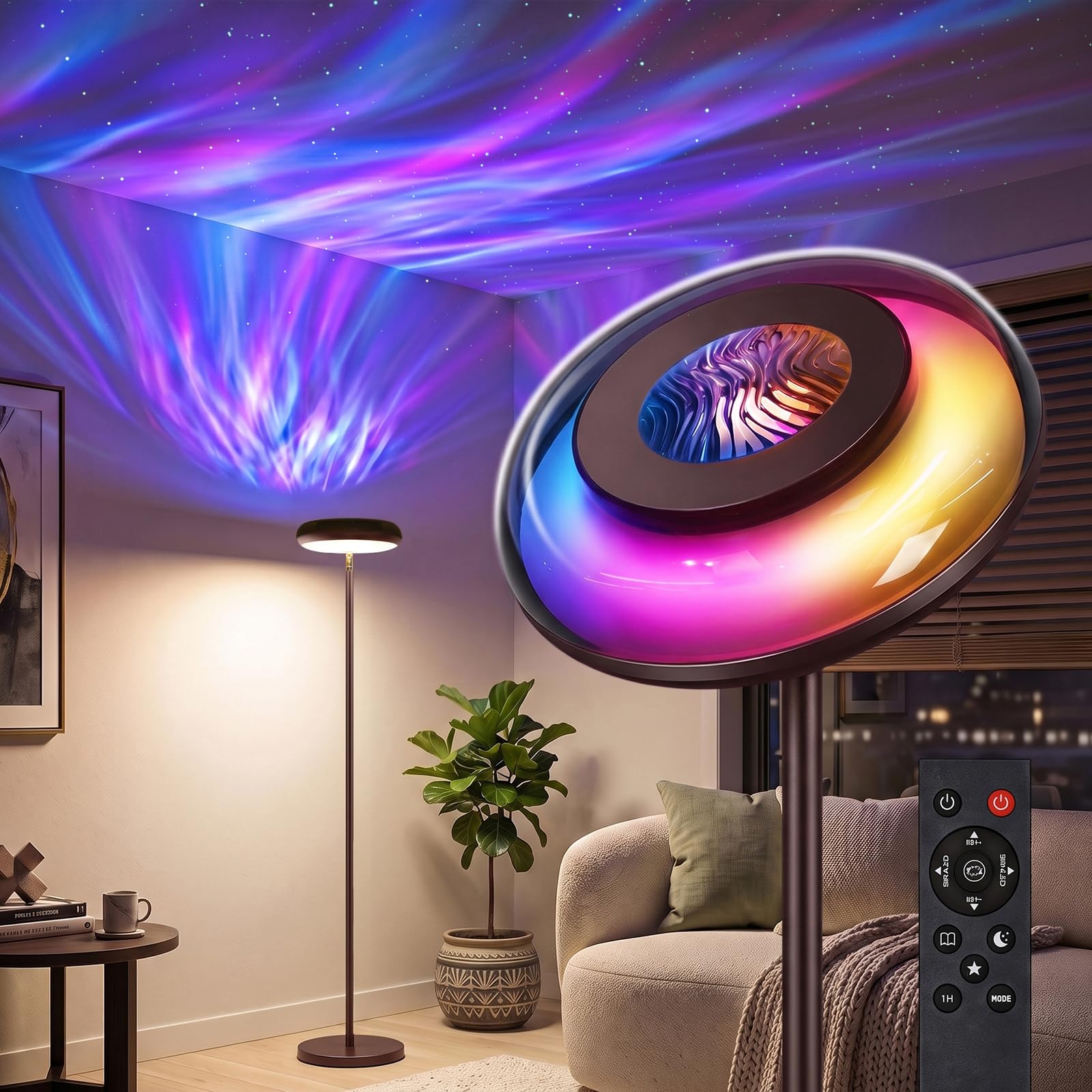 Bairth Uplighter Floor Lamp for Living Room, Ripple and Star Projector