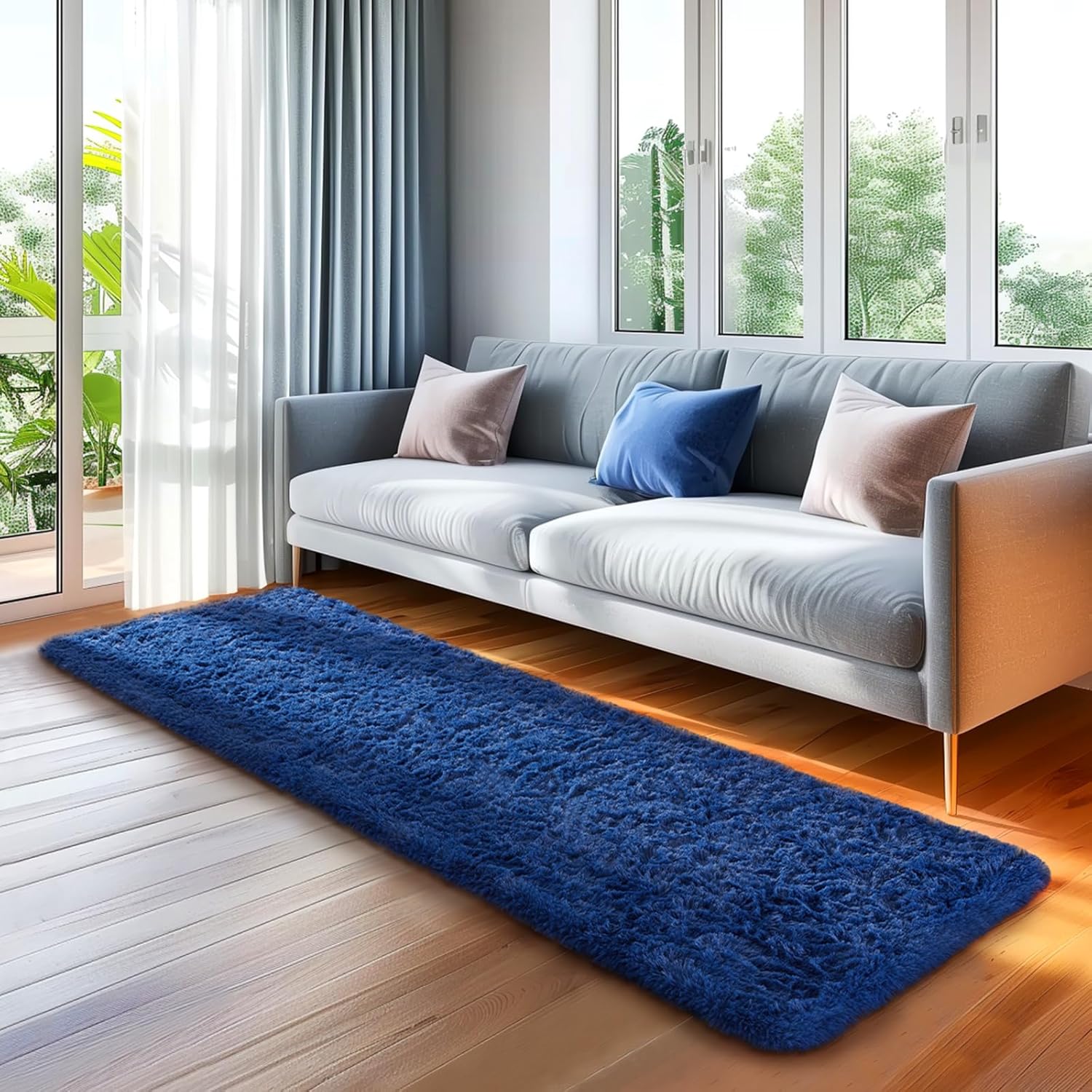 Ophanie Blue Runner Rug for Hallway, 2x6 Bedroom Bedside Living Room Rugs, Non Slip Fluffy Soft Shaggy Carpet for Kids Girls Boys Dorm Nursery Home Decor Aesthetic