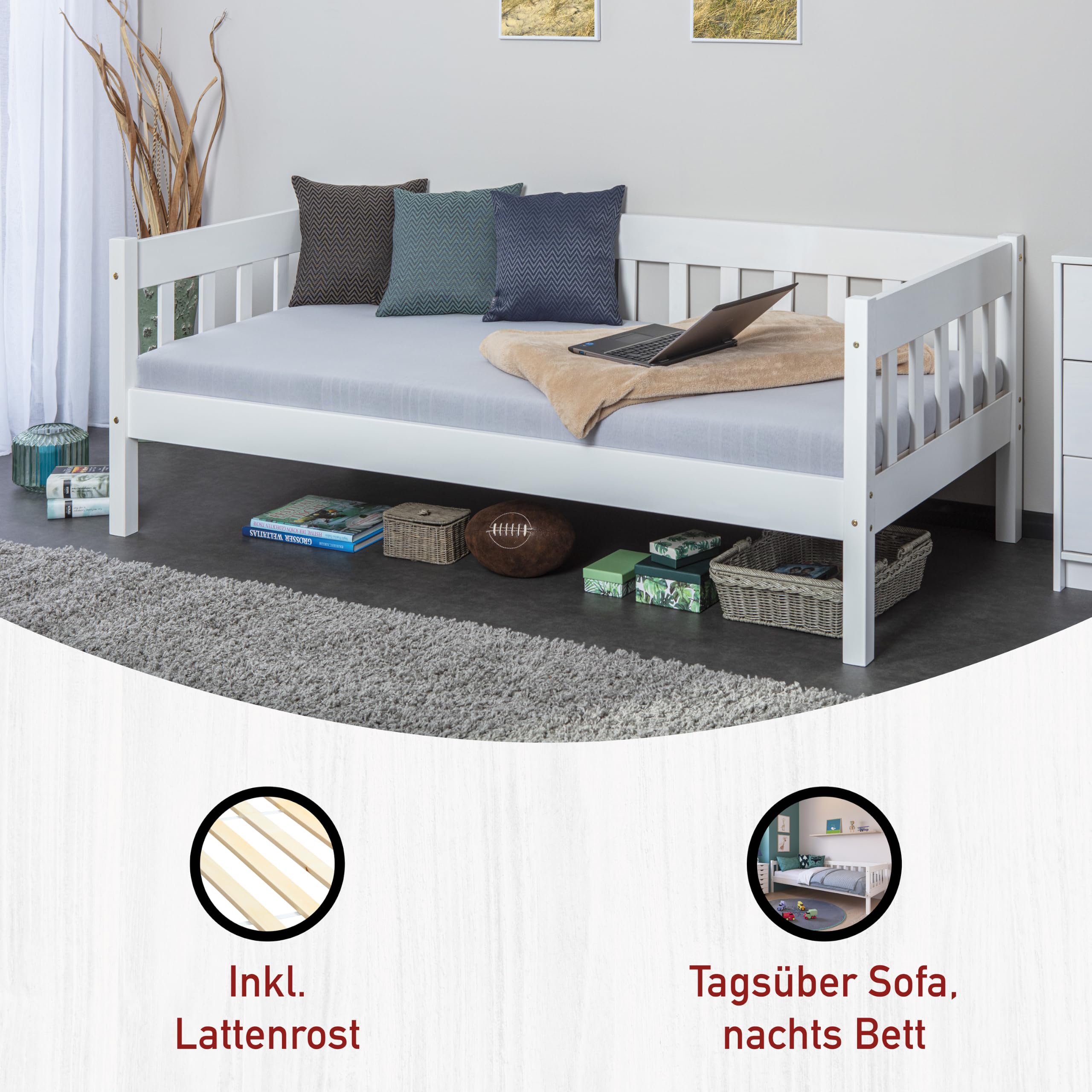 Inter Link - Sofabett – Tagesbett – Gästebett – Bett aus massiver Kiefer – 90 x 200cm – Schlafsofa – Inklusive Lattenrost - Weiß lackiert – Sintro