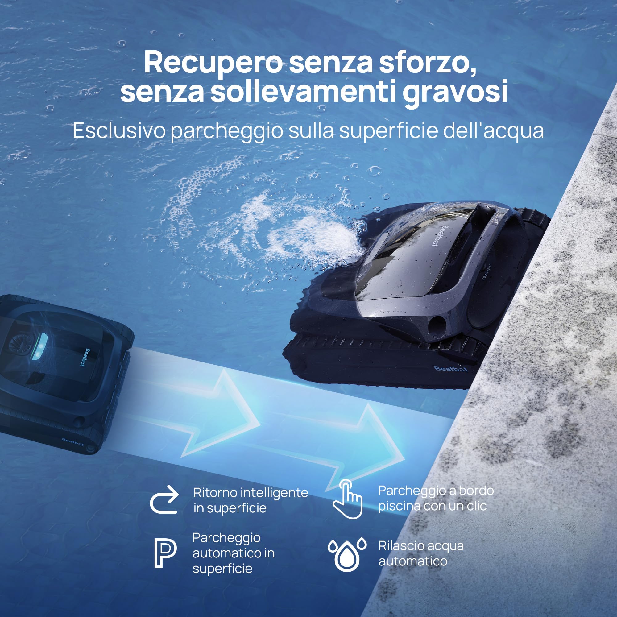 Beatbot AquaSense 2 robot piscina pareti e fondo,Linea d'acqua,Senza Fili | Parcheggio intelligente. Pulisce pavimento, pareti e linea d'acqua con doppio passaggio, Per piscine fuori terra e interrate