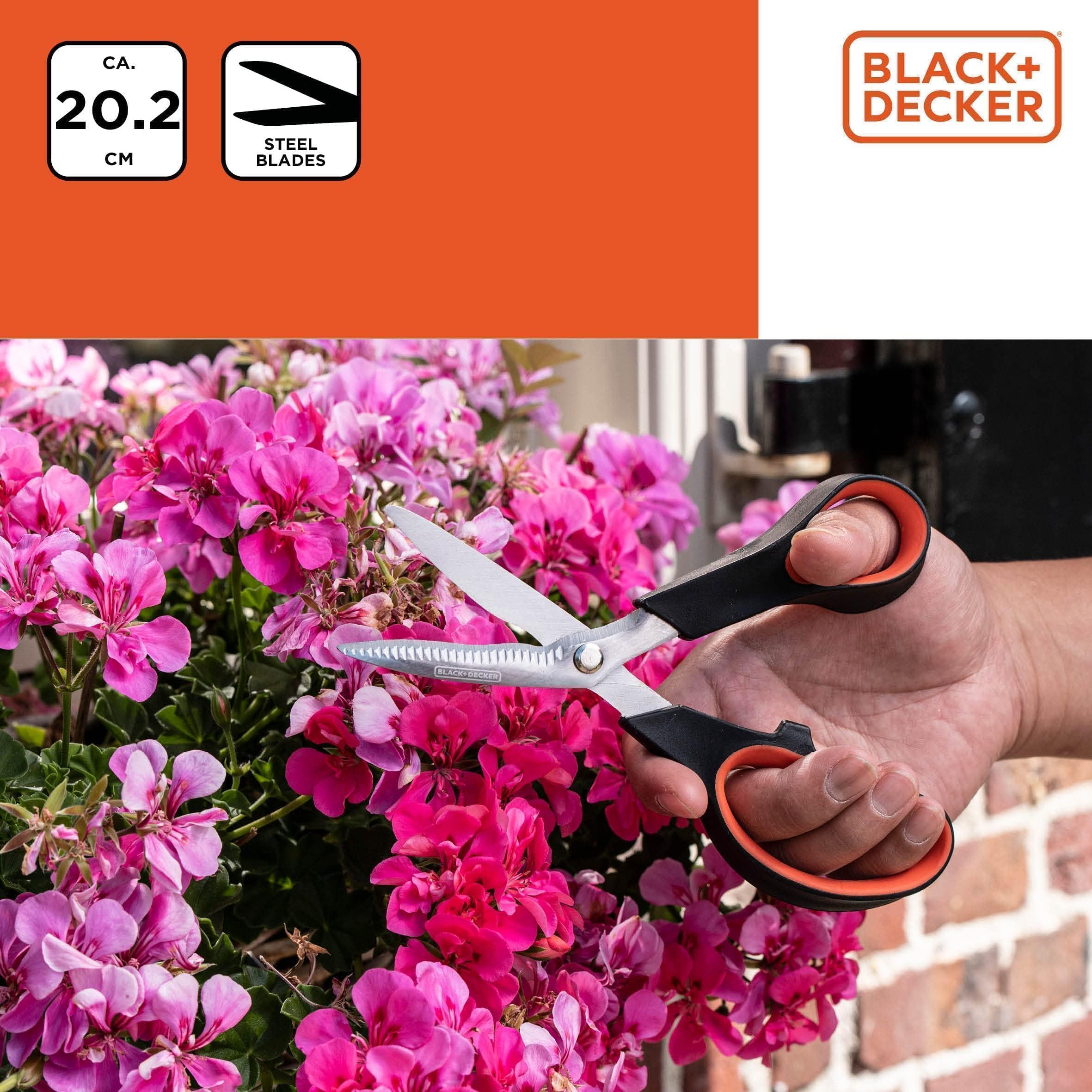 BLACK+DECKER Flower Shears - Multifunctional Garden Shears - Steel Blade - Plastic Handle - Flower Cutter and Secateurs - Black/Orange - Image 2