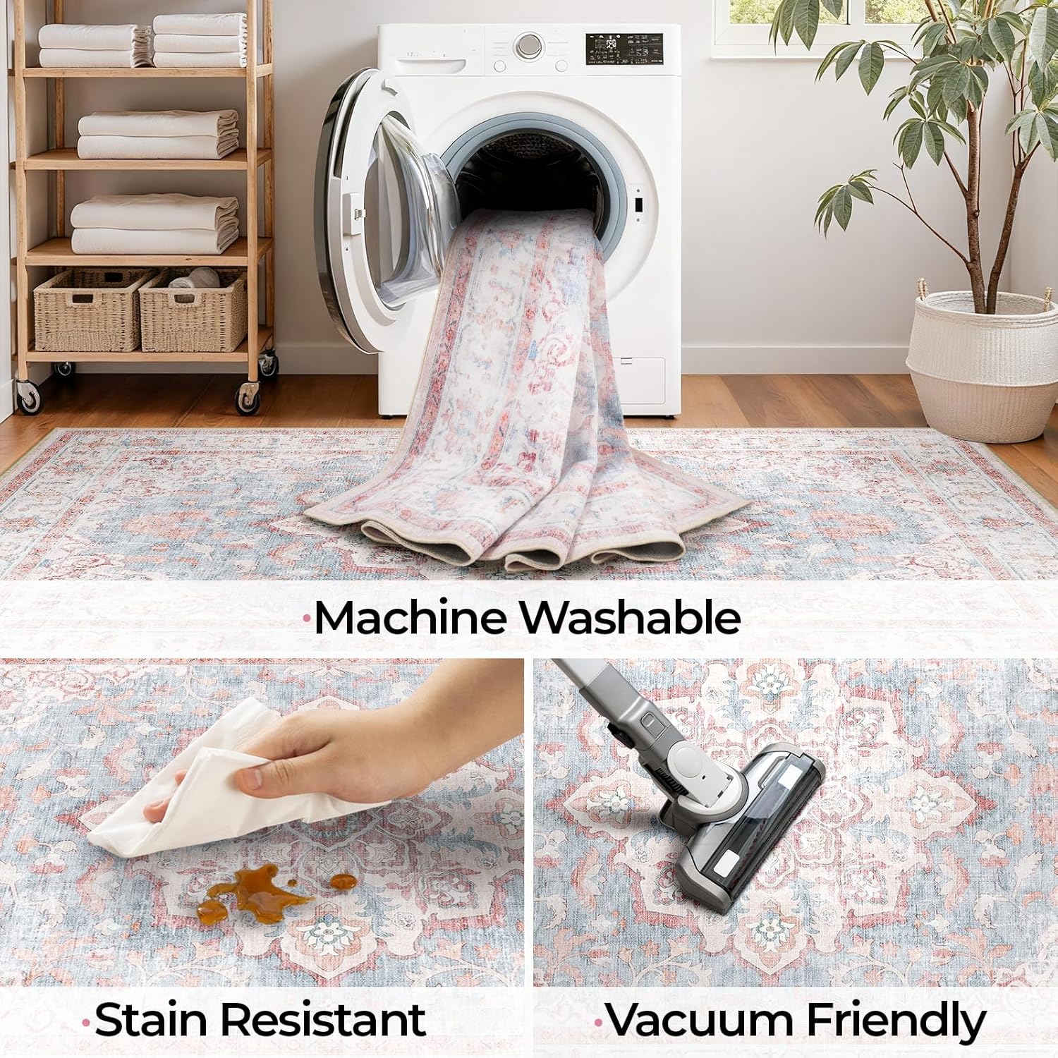 CAPALOCA Machine Washable Rugs Nursery Rug 2x6 Cute Girl Non Slip Low Pile Water Repellent Soft Print Pattern for Bedroom Indoor Decor Kids Playroom Pink Blue