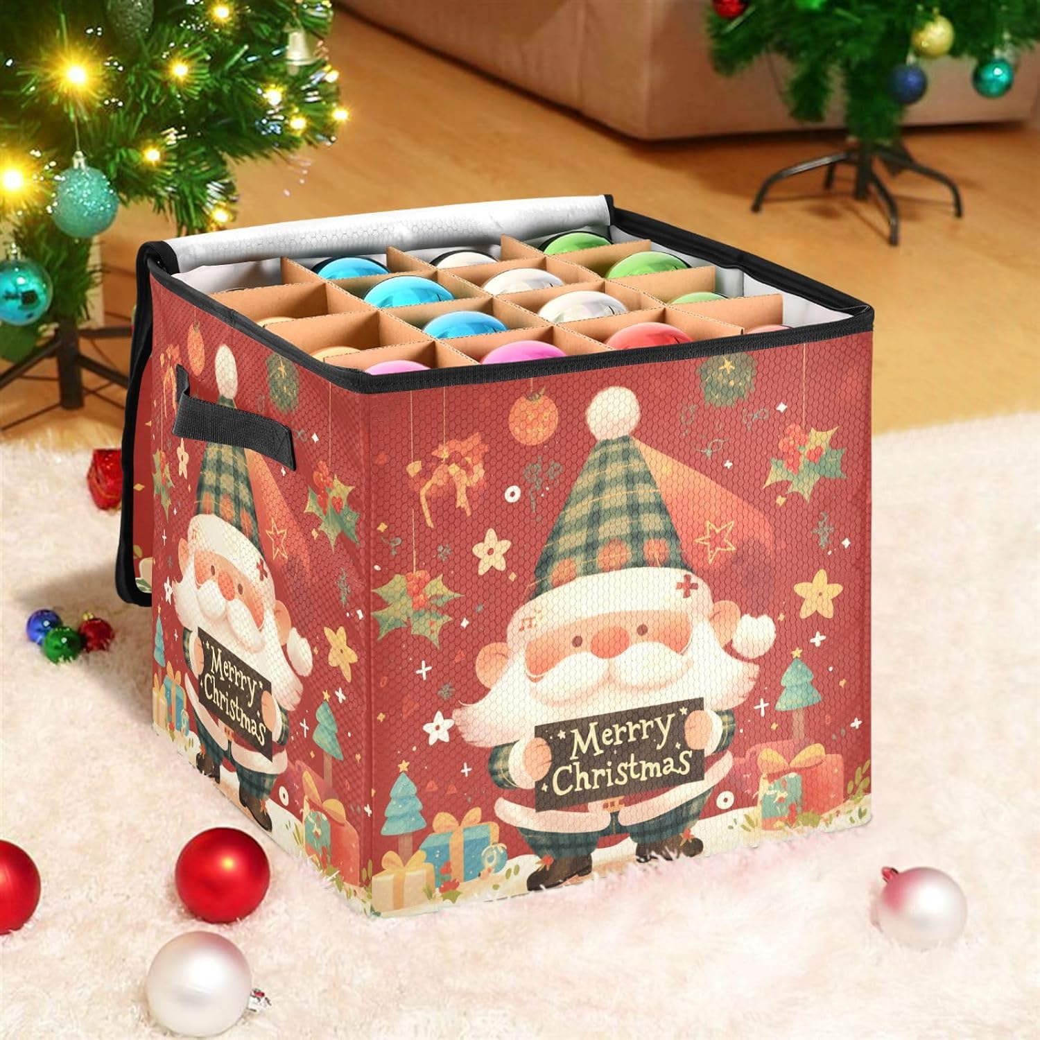 High Capacity Christmas ornament storage Holds Up to 64, Adjustable Dividers, Zippered Top, Two Handles foldable Holiday Storage Case with Lid,Cute Gnome Red Christmas