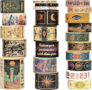 Gold Foil Washi Tape Set – 23 Rolls Tarot Washi Stickers Vintage Decorative Tapes for Journaling Supplies, Scrapbooking, DIY Crafts, Junk Journal, Craft Supplies(Celestial Symbols/ Starry/ Magic)
