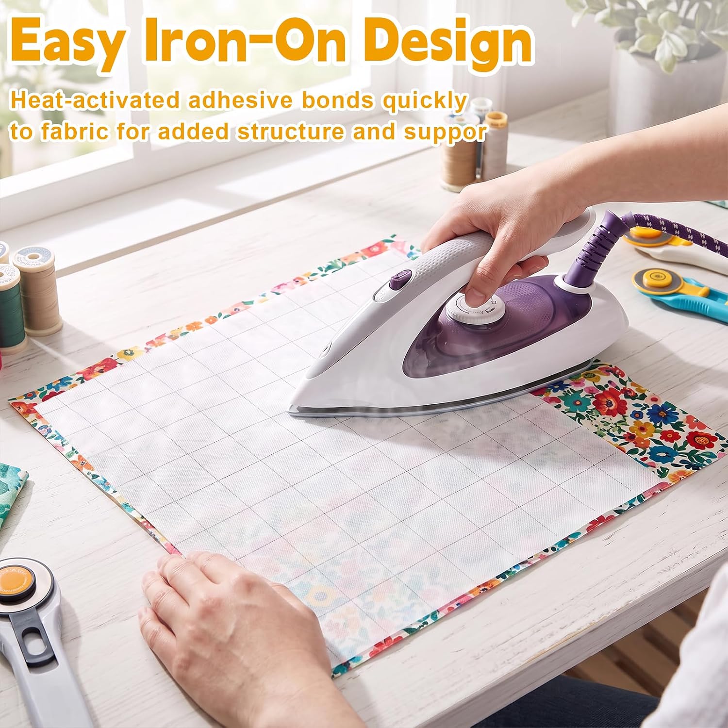 Fusible Interfacing 48" x 4 Yards, Lightweight Iron On Non Woven Interfacing Fabric with Grid Lines, Fusible Sewing Stabilizer for Quilting, Garment Sewing, Embroidery & DIY Crafts