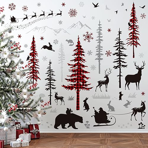 Miniatura 1 de Whaline Calcomanías de pared de Navidad rollo rojo y negro a cuadros árbol de Navidad decoración de suelo bosques animales impresiones de arte