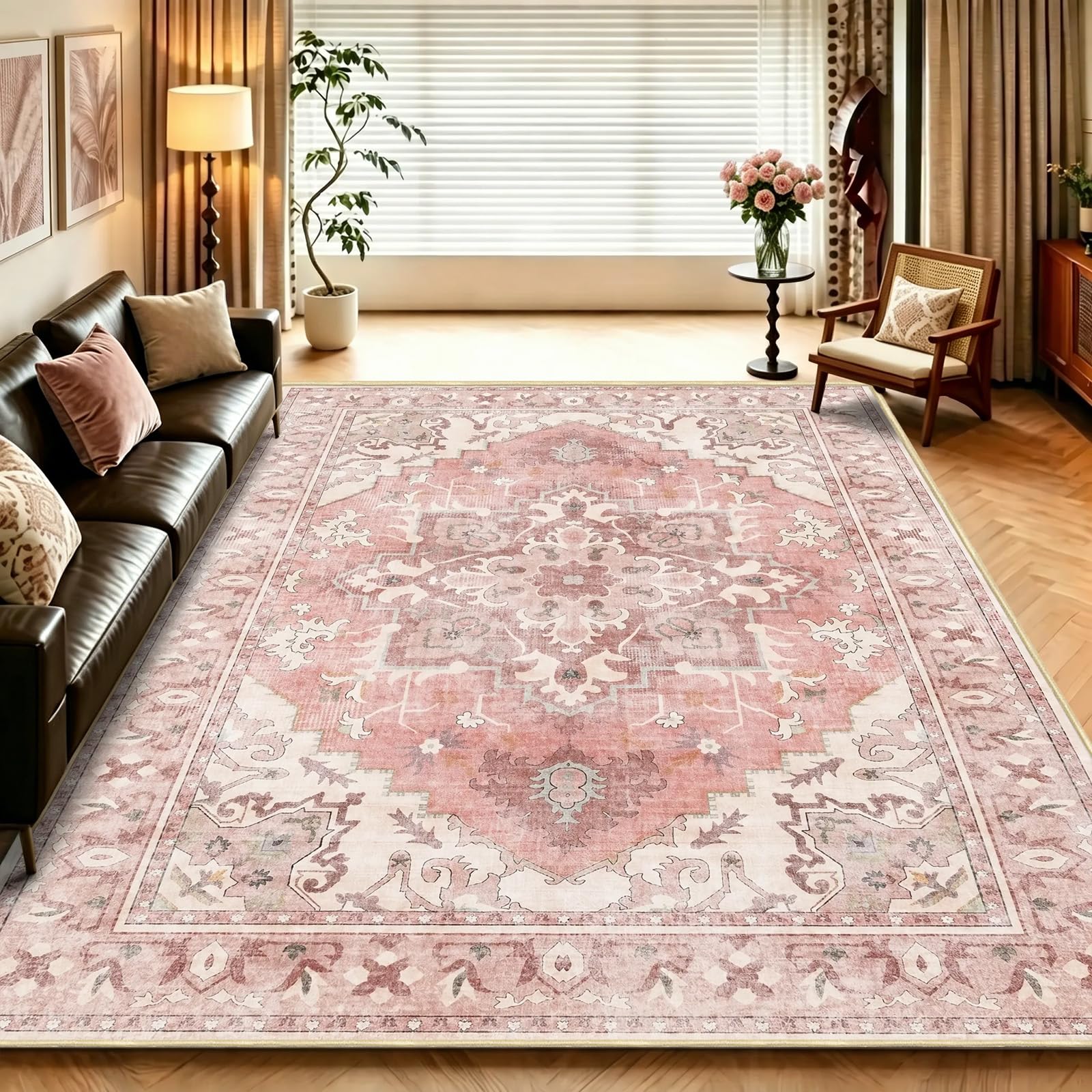 WUTONG Vintage Pink Rugs Living Room 160x220cm,Washable Short Pile Large Carpet,Premium Faux Cashmere Non Slip Soft Rug for Lounge,Girls Bedroom — image 1
