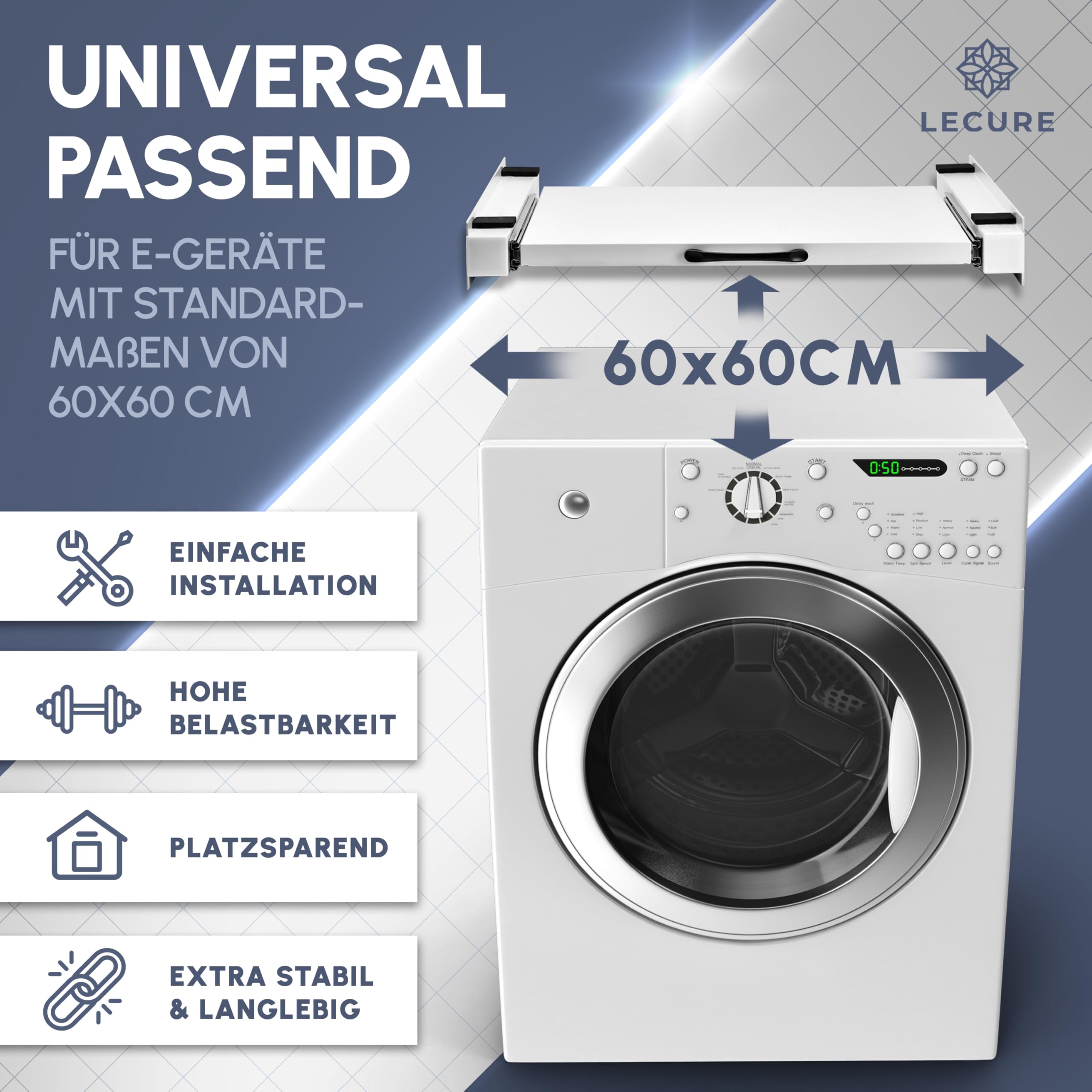 Waschmaschinen-Verbindungsrahmen [60x60cm] - Universal einsetzbarer Zwischenbaurahmen zur Verbindung von Waschmaschine und Trockner - Inkl. Ausziehplatte
