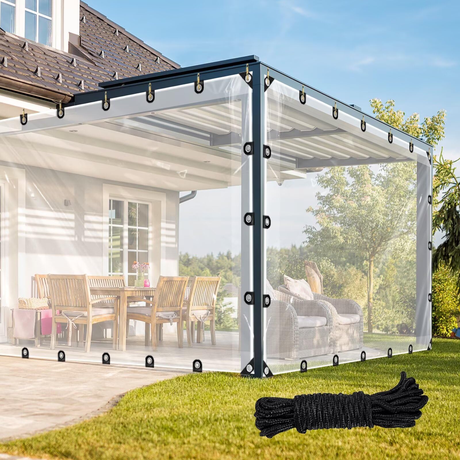 230 cm x 240 cm Transparent Tarpaulin, Clear Tarpaulin with Eyelets Waterproof Heavy Duty 130 g/m² PVC Clear Tarp Pergola Covers, Windproof Tear Resistant for Garden Gazebo