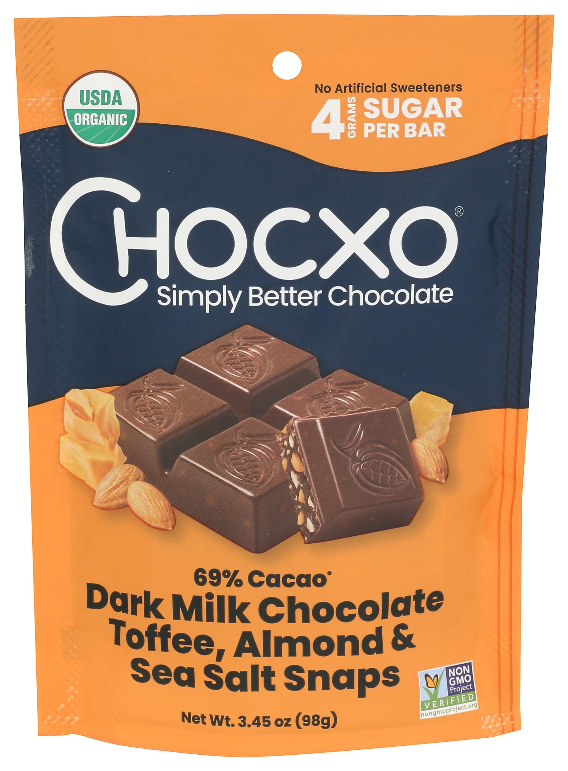 Chocxo Snaps Chocolate Dark Milk Toffee Almond 69% Organic 3.45 Ounce