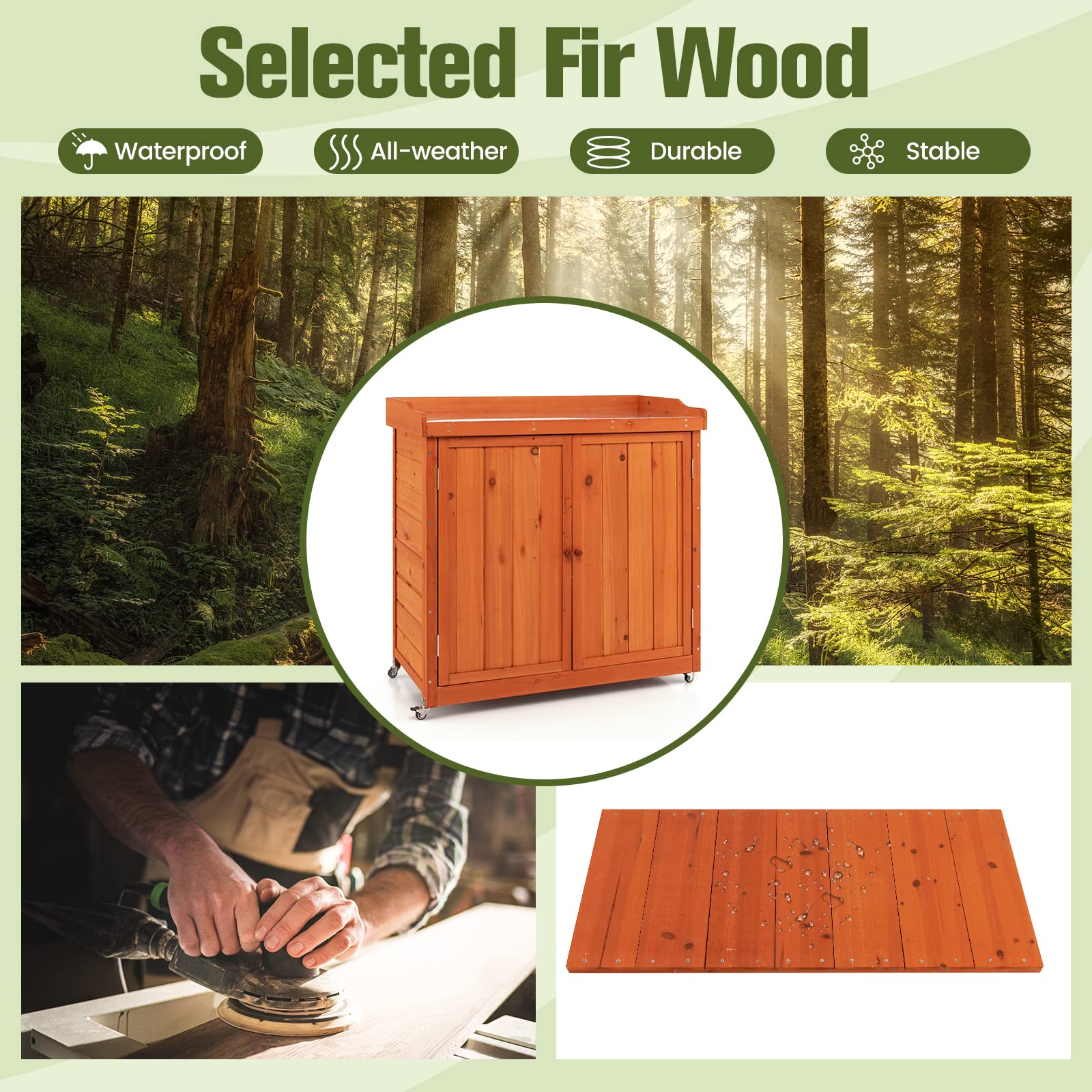 FANTASK Gartenschrank mit herausnehmbarem Regal, Holz Lagerschrank auf Rollen, Stahl-Platte, 98,5x48x100cm