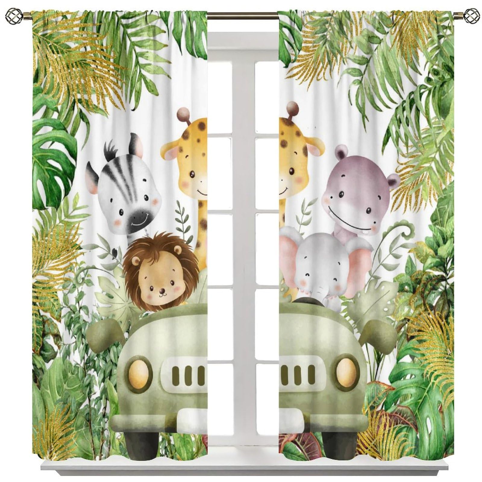 AAVEUP Jungle Safari Animals Blackout Curtains,Cartoon Animals Lion Giraffe Elephant Woodland Tropical Leaf Green Windows Treatments for Kids Nursery Baby Living Room Bedroom 52x96in