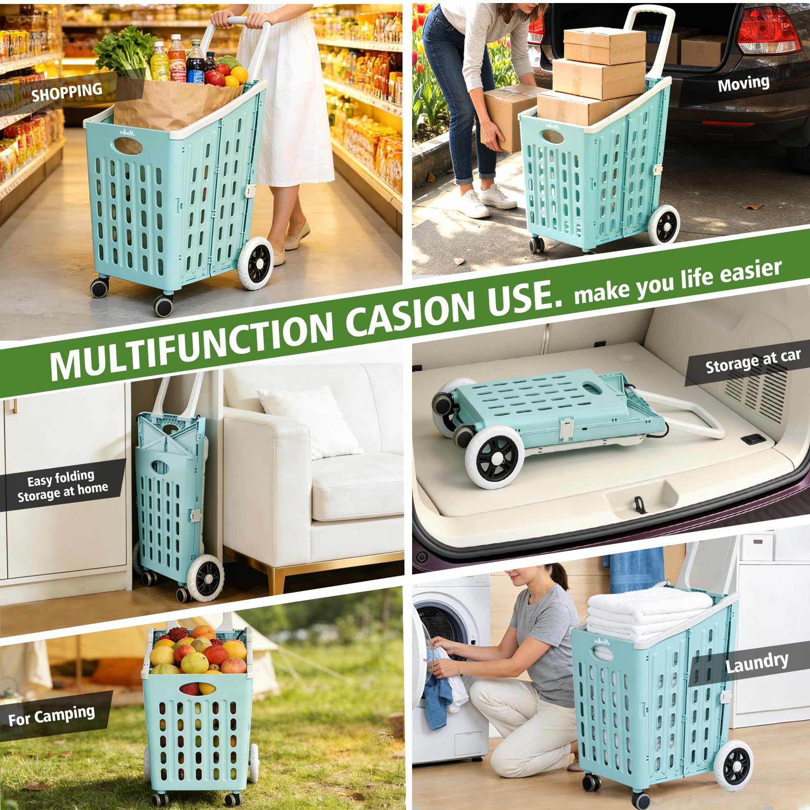 ZHJINGYU Carrello Spesa 75L - Carrello Spesa Pieghevole con 4 Ruote - Carrello Portaspesa Verticale per Bagagliaio Auto (Blu)