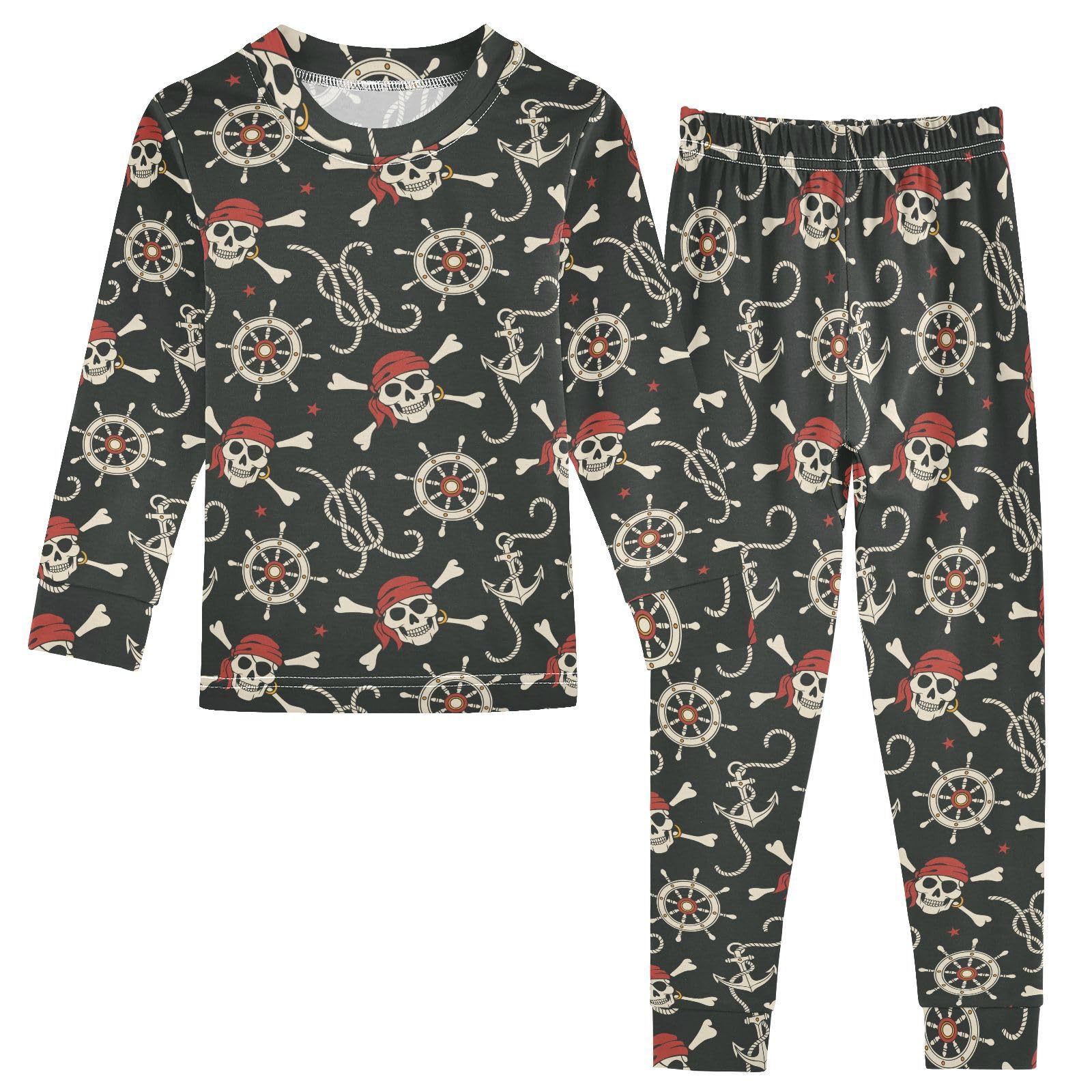 JHKKU Pirate Skull Rudder Ship Anchor Pajamas Set Cotton 2 Piece Soft Comfy Pjs Long Sleeve Lounge Sleepwear 3T