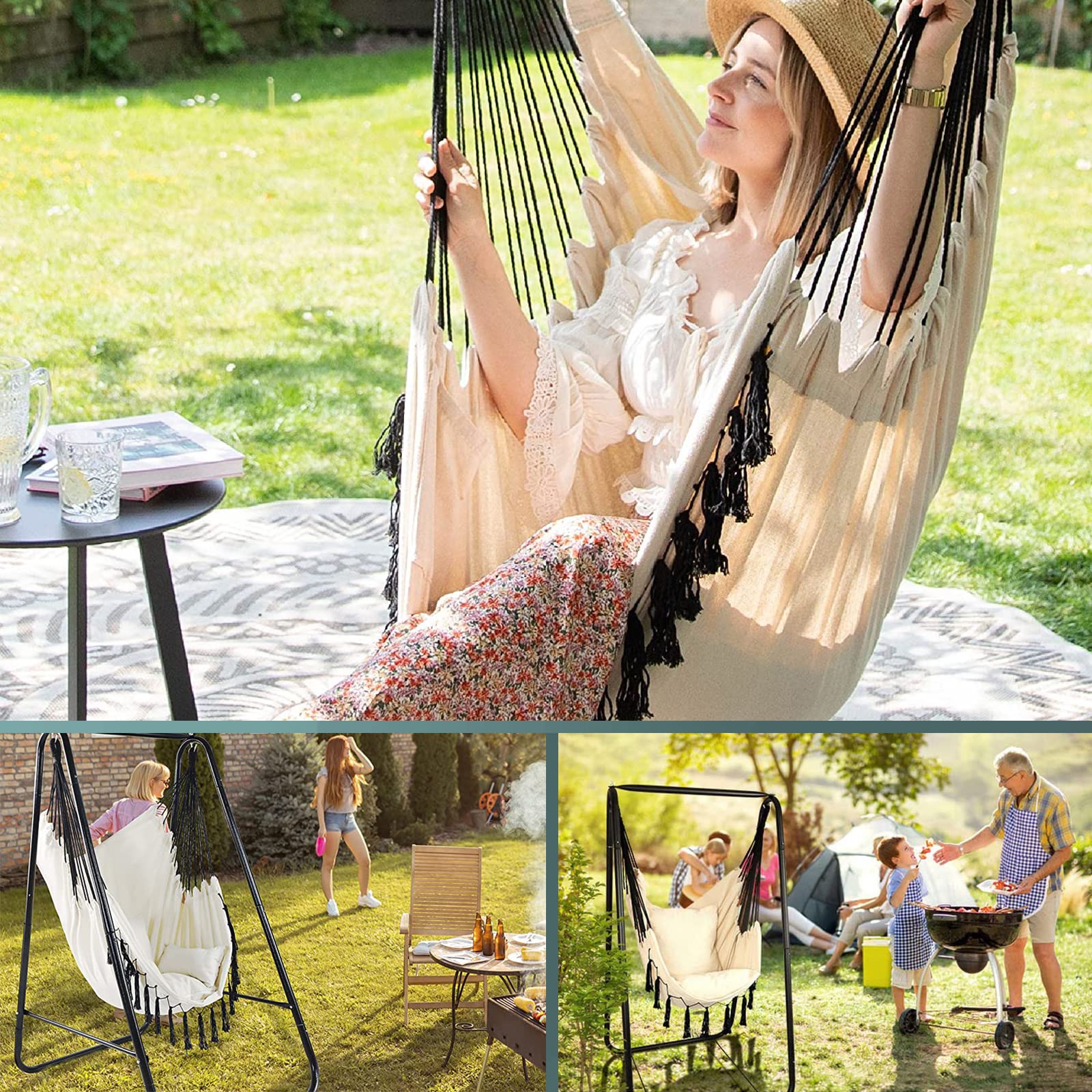 Hamaca colgante para interiores y exteriores, opción cómoda y elegante con 2 cojines, capacidad máxima de 120 kg, ideal para patio, dormitorio, porche, silla colgante de cuerda
