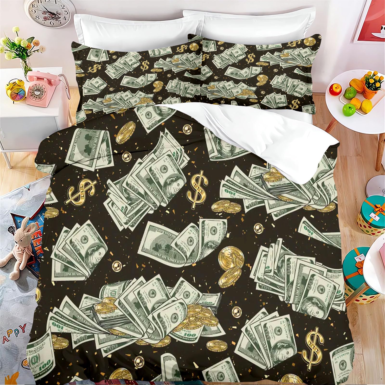 Ropa de cama de 135 x 200 cm, con billetes en efectivo, funda nórdica para niños, billetes de 100 dólares, suave microfibra, juego de ropa de cama con cremallera y 2 fundas de almohada (5,