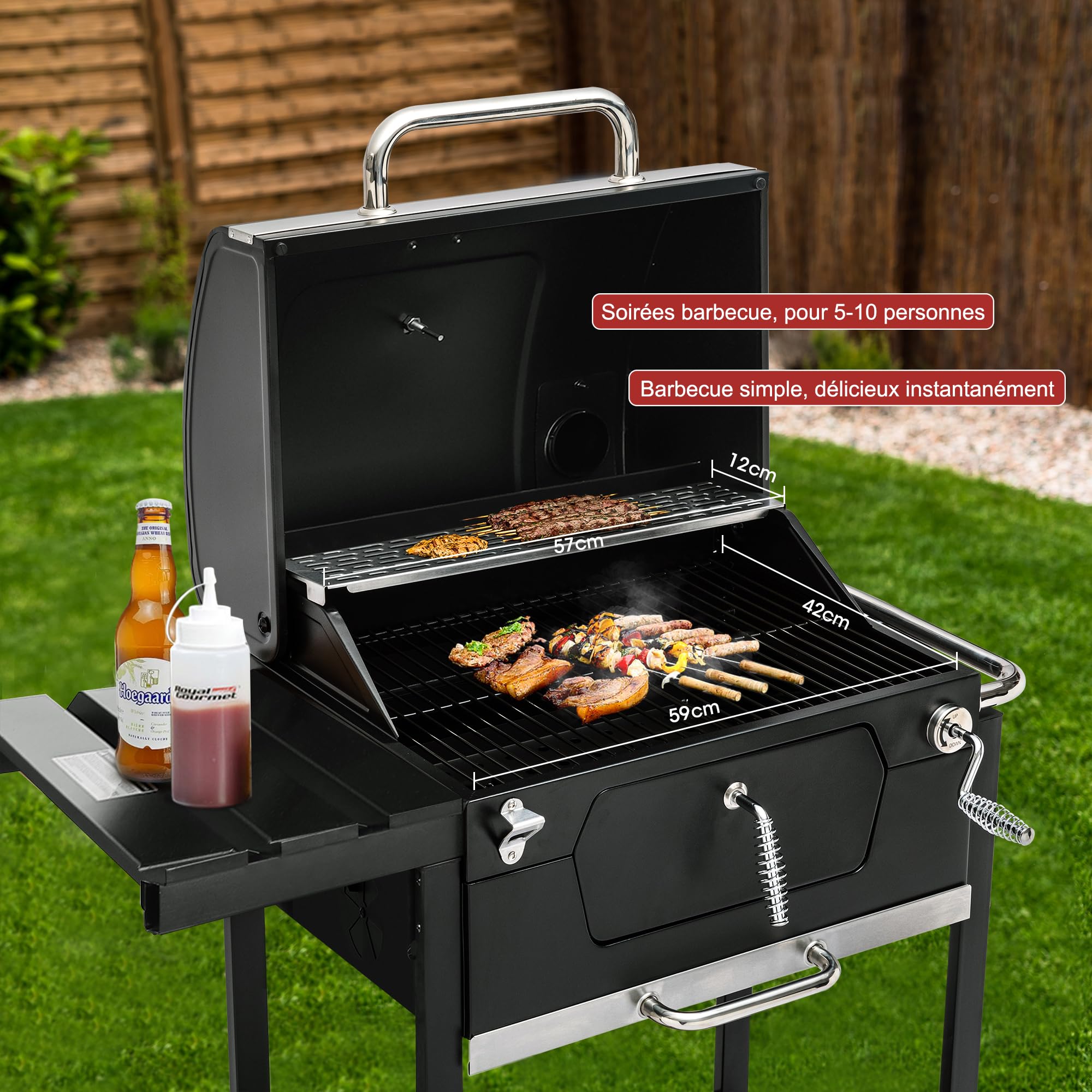 Royal Gourmet Grill na węgiel drzewny, 100 x 64,5 x 104,5 cm, wózek do grillowania z pokrywką, termometrem i uchwytem ze stali nierdzewnej na kemping, do ogrodu