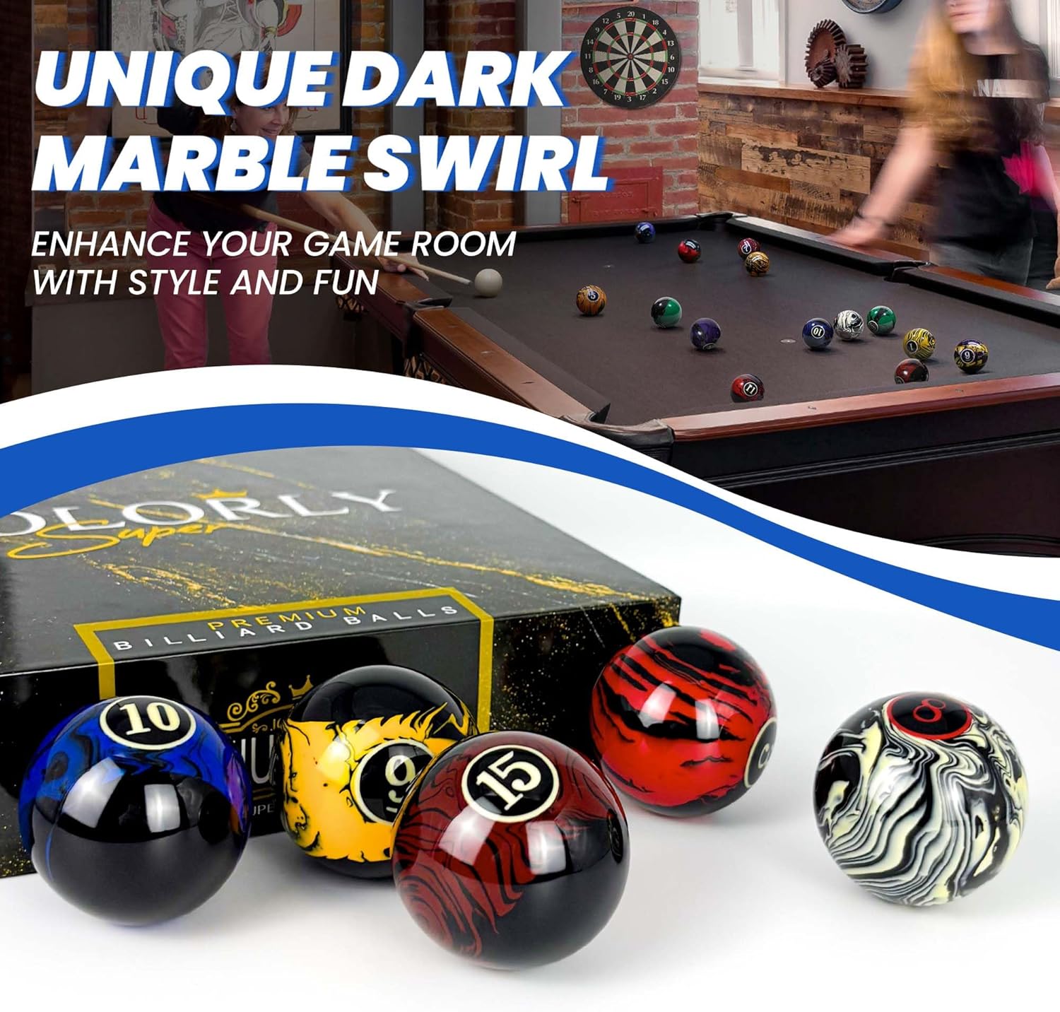 Billiard Balls AAA-Grade, Complete Set of 16 Pool Balls, 2-1/4" Regulation Size and Weight Professional Tournament Pool Table Balls (Dark Marble Swirl)