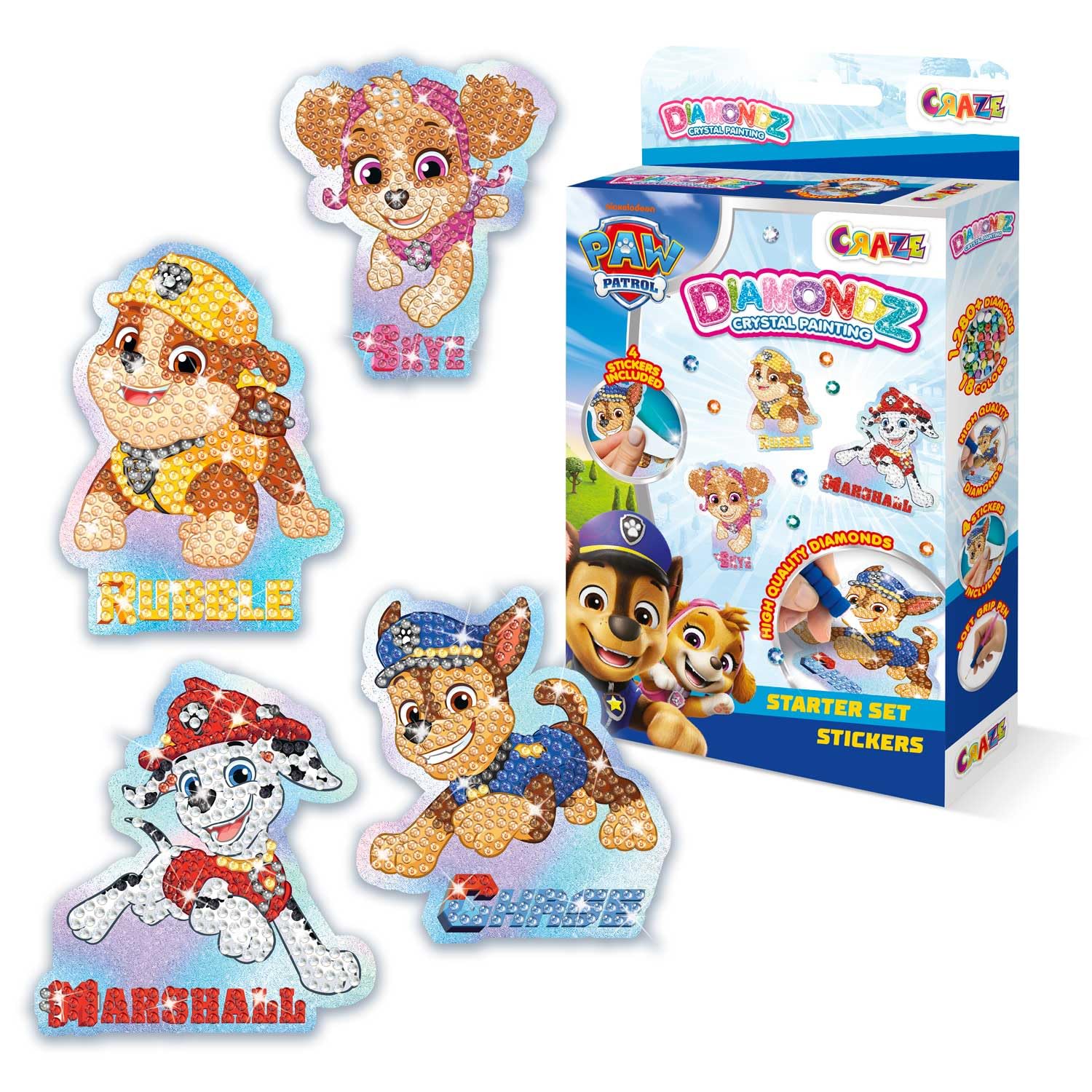DIAMONDZ CRYSTAL PAINTING Paw Patrol Starter Set Sticker – Full Diamond Painting Kit with 4 Sticker Templates, Crystal Art Canvas Style Diamond Arts Craft for Kids