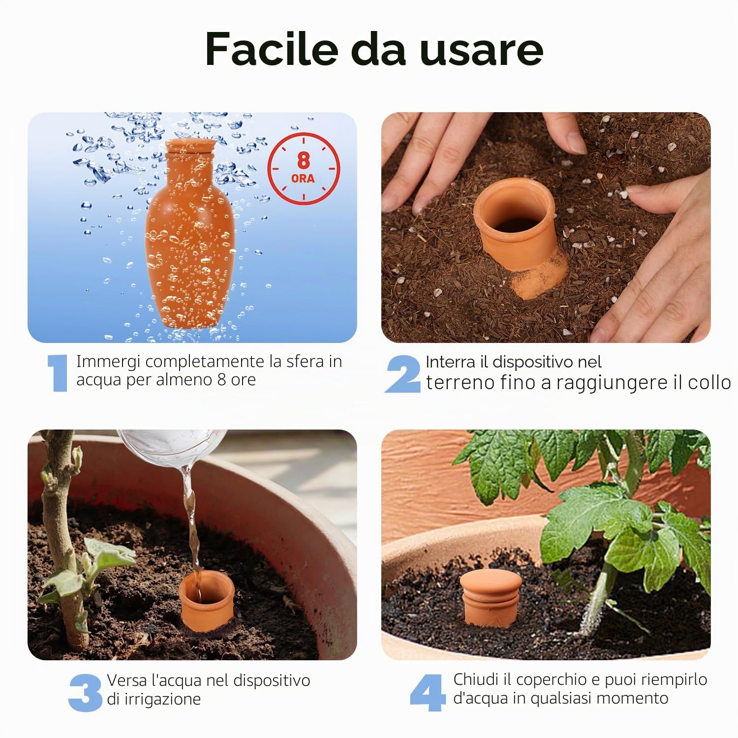 Ollas - Set di 8 vasi autoirriganti in terracotta, per piante da interni ed esterni, grandi lampadine